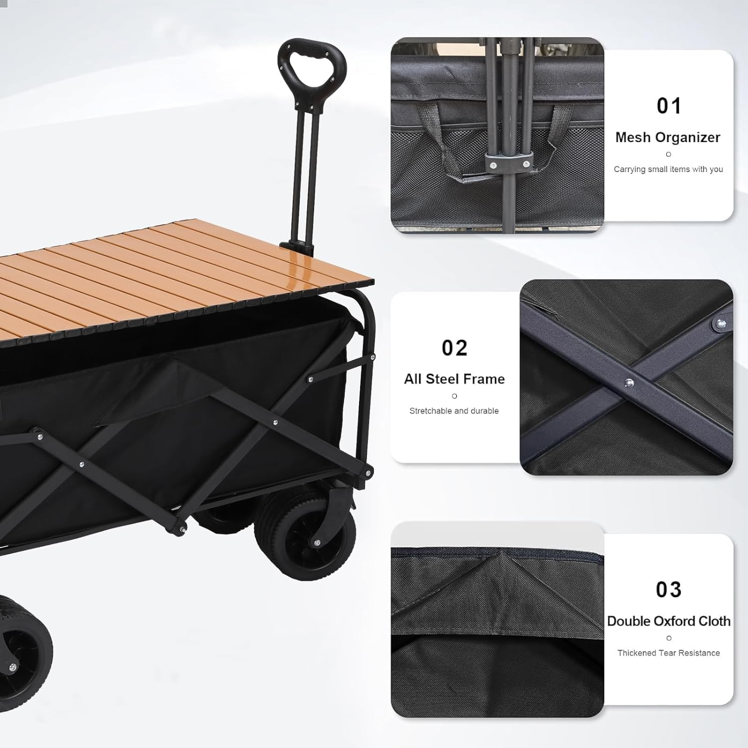 Collapsible Folding Wagon with Board Desktop, 10CM Wide Big Wheels with Brakes, Portable Large Wagon Cart, Bearing Capacity 175Kg Beach Wagon, Outdoor Stroller Wagon - Black image number 6
