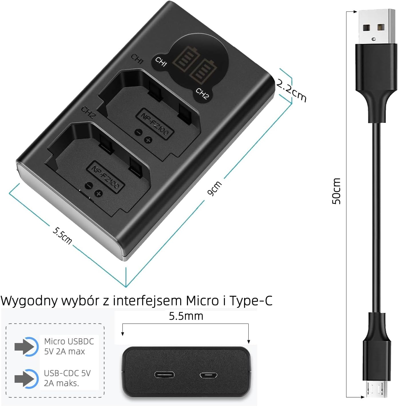 KWTOUL Dual USB Charger for Sony NP-FZ100 Battery, Compatible with Sony ZV-E1, FX3, FX30, A1, A9 II, A7R V, A7S III, A7 IV, A6600, A7C Cameras, Designed with LCD Display, Versatile Charging Options image number 2