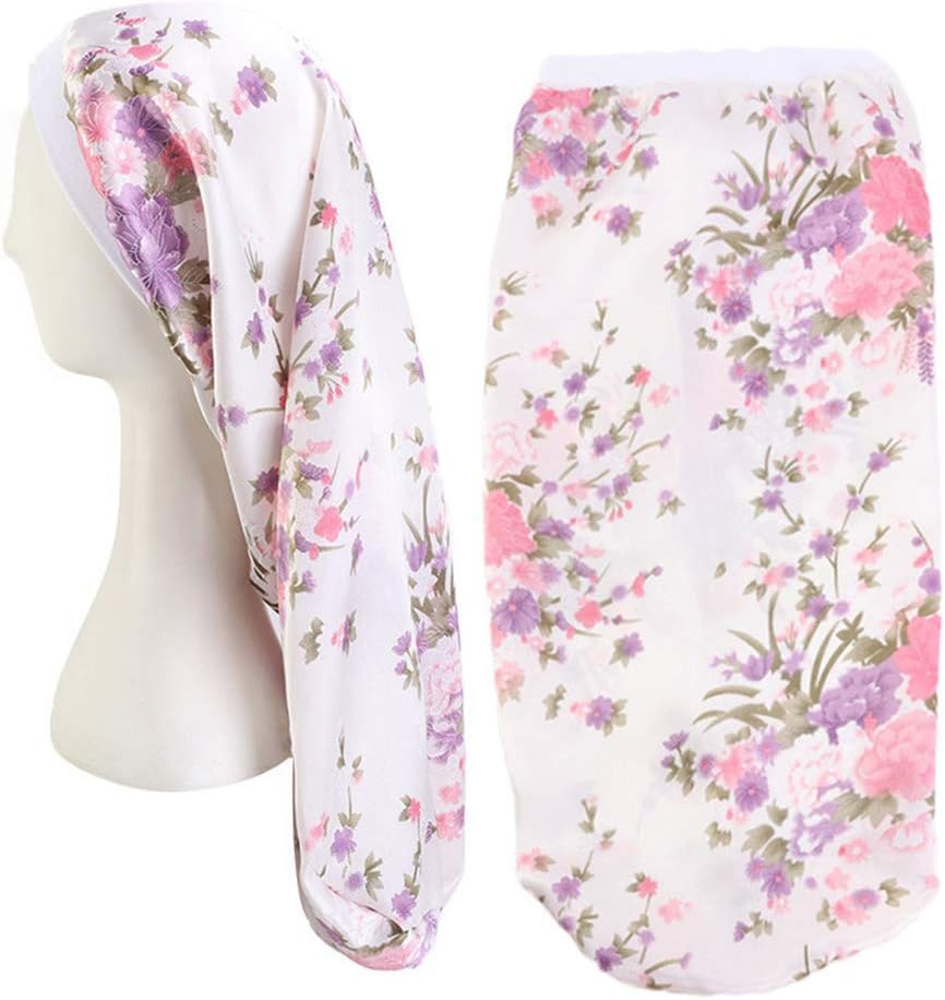 COMVIP Women Elastic Wide Band Extra Long Bonnet Sleeping Head Cover D: White image number 1