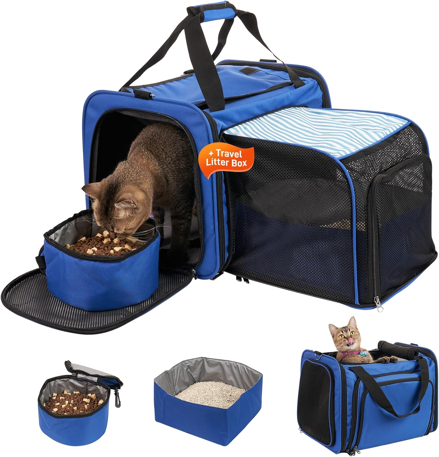 Cat Carrier with Litter Box, Expandable Cat Travel Carrier for Car with Bowl, Soft Sided Cat Carrier for Cats/Puppies up to 20 Lbs, Blue