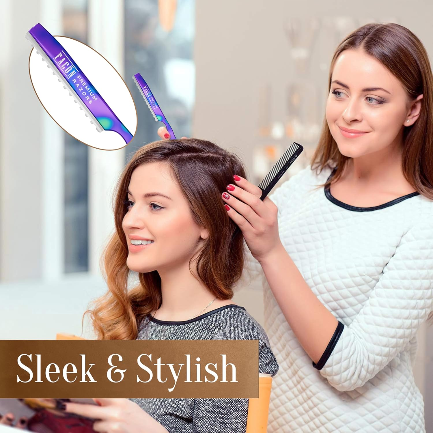 Fac&oacute;n Hair Razors for Cutting Hair - Professional Hair Styling Razor Kit with 11 Replacement Blades, Stainless Steel Hair Cutting Tool for Salon & Home, Premium Hair Thinning Texturizing Faether Razor image number 6