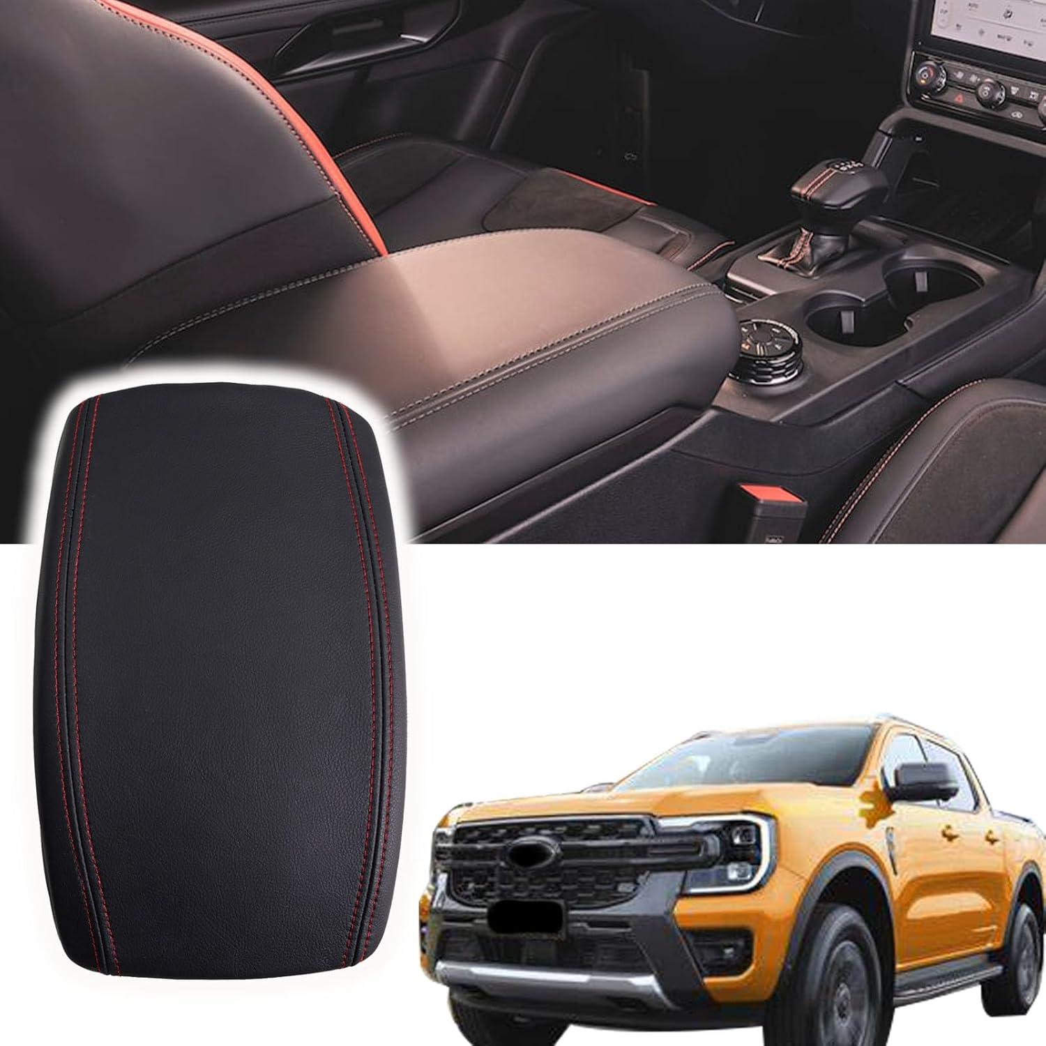 Car Armrest Fit 2024 Ranger Armrest Cover for Ford Ranger 2024 Accessories,Leather Center Console Cover Protector Compatible with 2024 Ford Ranger Xl/Xlt/Lariat(Red Stitches) image number 1