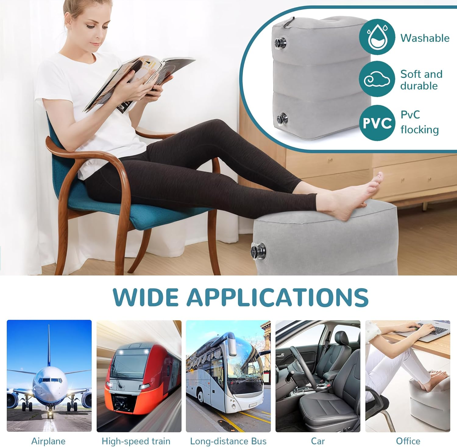 Inflatable Travel Foot Rest Pillow, Adjustable 3 Layers Height Leg Rest Pillow, Airplane Bed, Adults Travel Essentials on Plane, Trains, Cars, Office, Home (Grey, 1 PC) image number 4