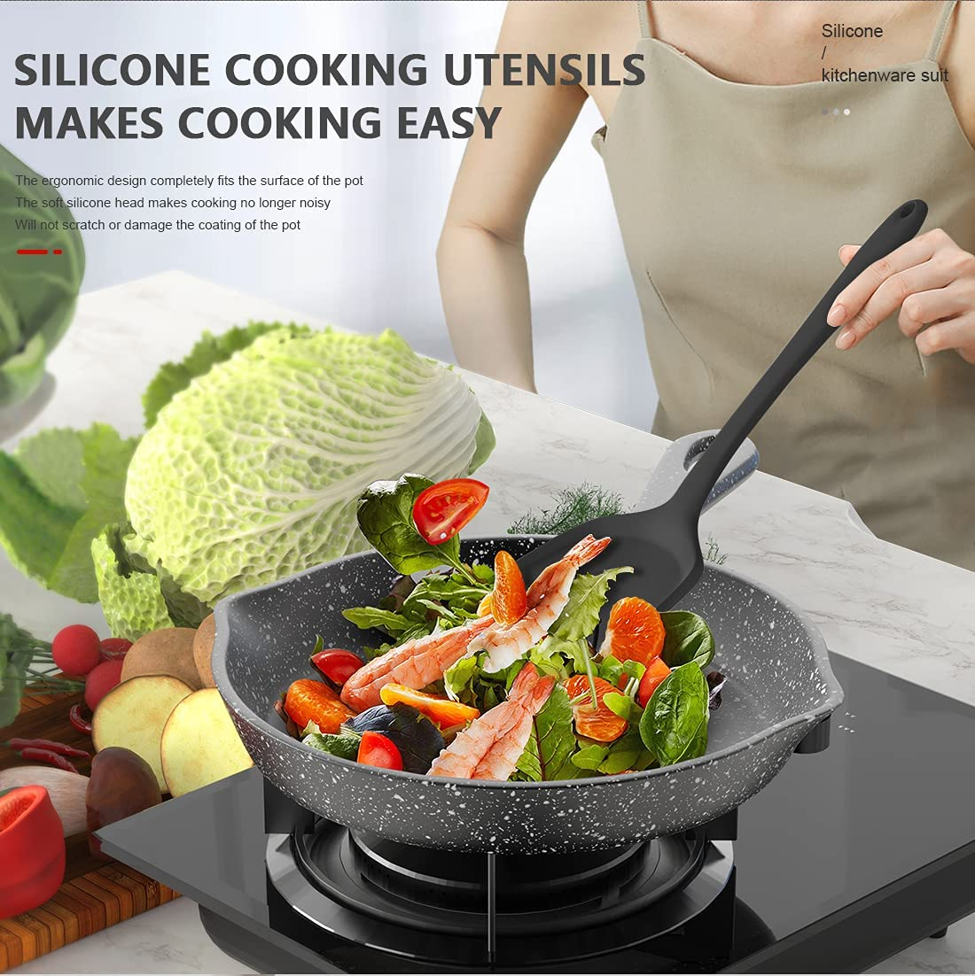 Silicone Cooking Utensils Set - 446&deg;F Heat Resistant Kitchen Utensils,Turner Tongs,Spatula,Spoon,Brush,Whisk.Kitchen Utensil Gadgets Tools Set for Nonstick Cookware.Dishwasher Safe (BPA Free)