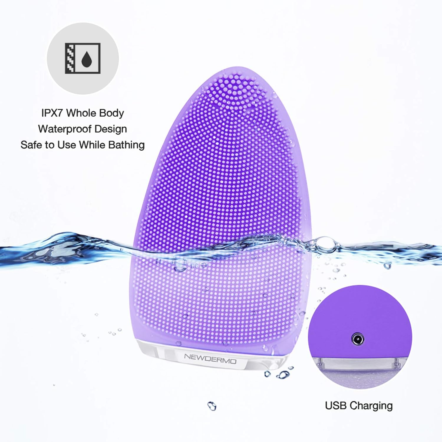 NEWDERMO Electric Facial Cleansing Brush,Silicone Facial Brush, Waterproof Skin Care Device for Gentle Exfoliation,Deep Cleansing,Face Massage-Purple image number 5