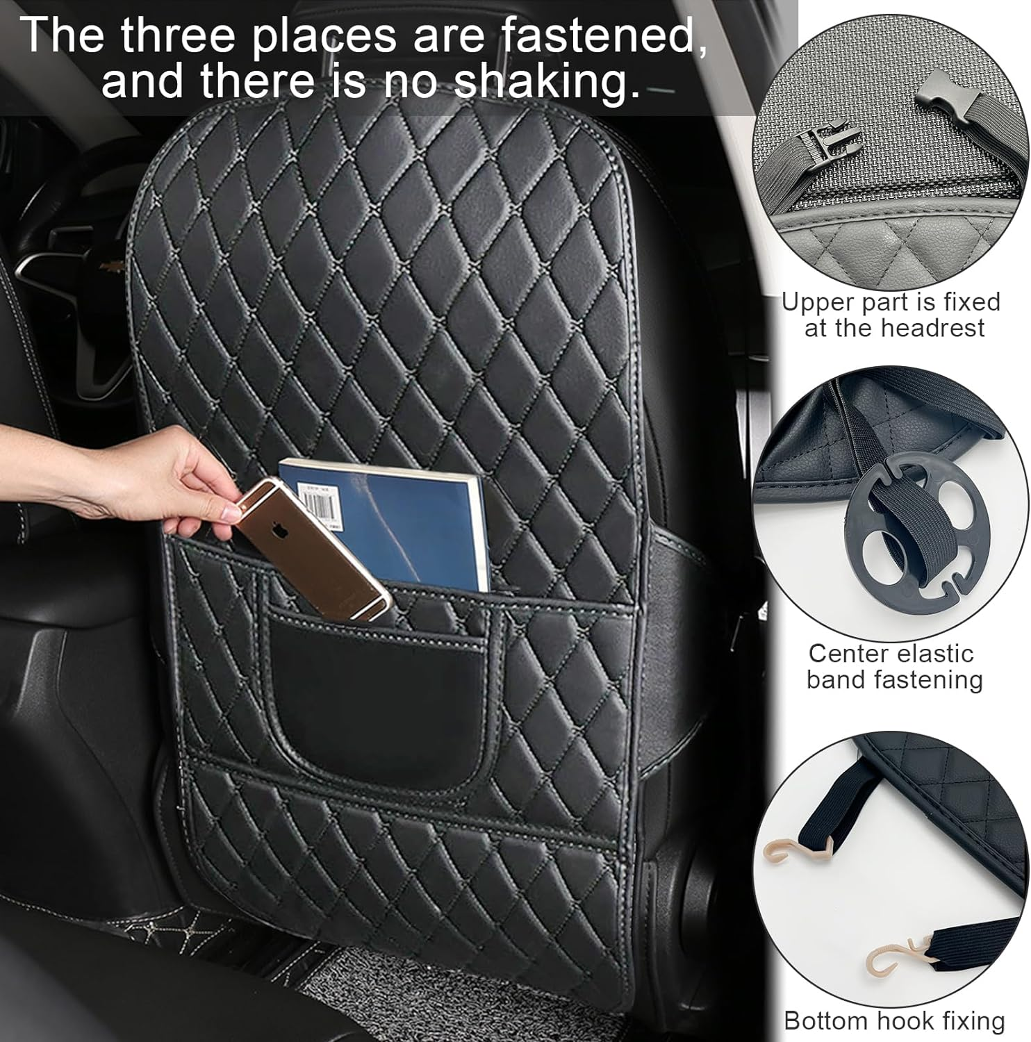Car Seat Protector Kick Mat for Child Seats,2 Pack Universal Car Seat Back Leather Cover, Non-Slip Seatback Cover with Organizer, Wear Resistant Protects Upholstery from Stains & Damage (Black) image number 3