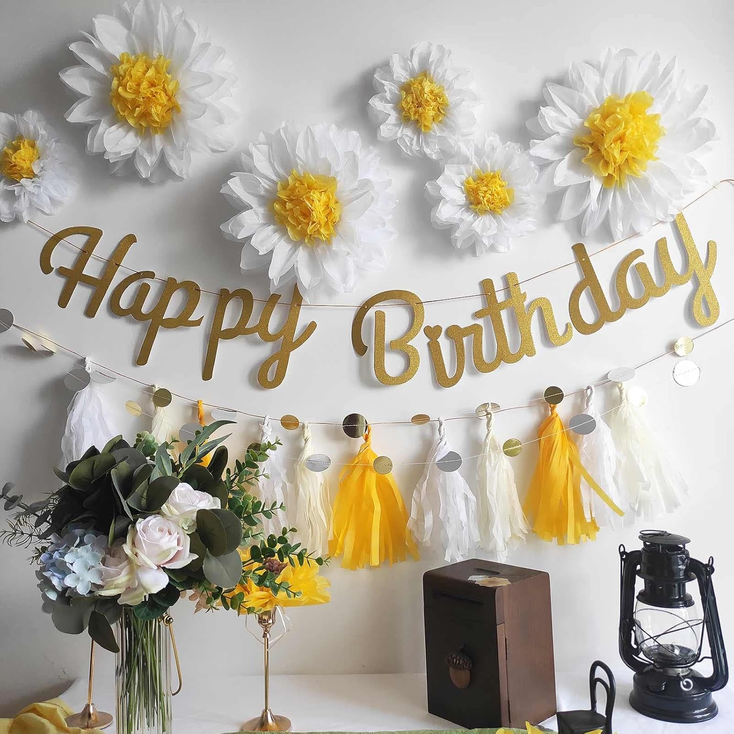 12Pcs Daisy Tissue Paper Pom Poms Flower 12" 8" for White Yellow Flowers Themed Birthday Party Sunshine Wall Hanging Baby Shower Bridal Country Wedding Party Iwlorys image number 4
