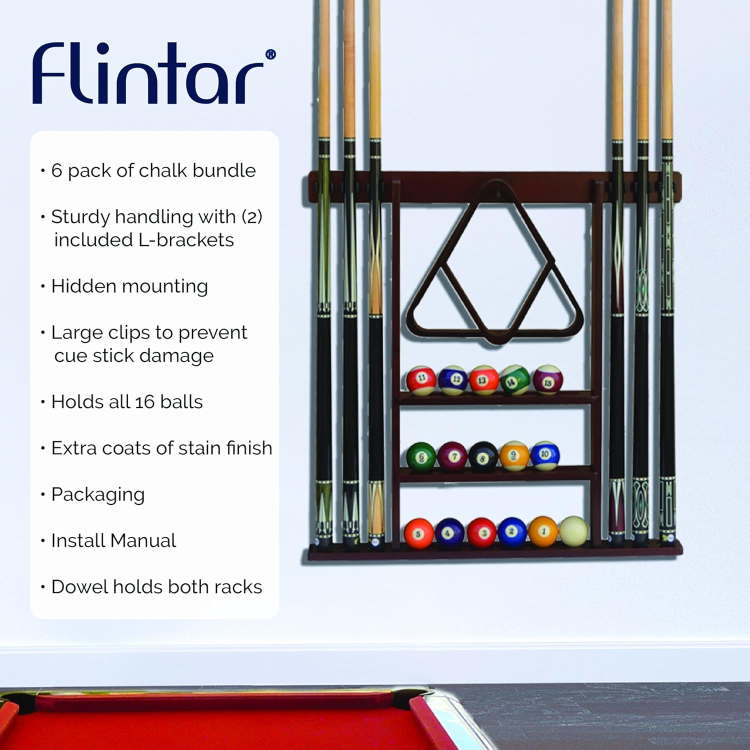 Flintar Wall Cue Rack, Premium Billiard Pool Cue Stick Holder, Made of Solid Hardwood, Improved Direct Wall Mounting, Cue Rack Only (Cues, Balls and Ball Rack Not Included), Oak Finish - Mahogany image number 6