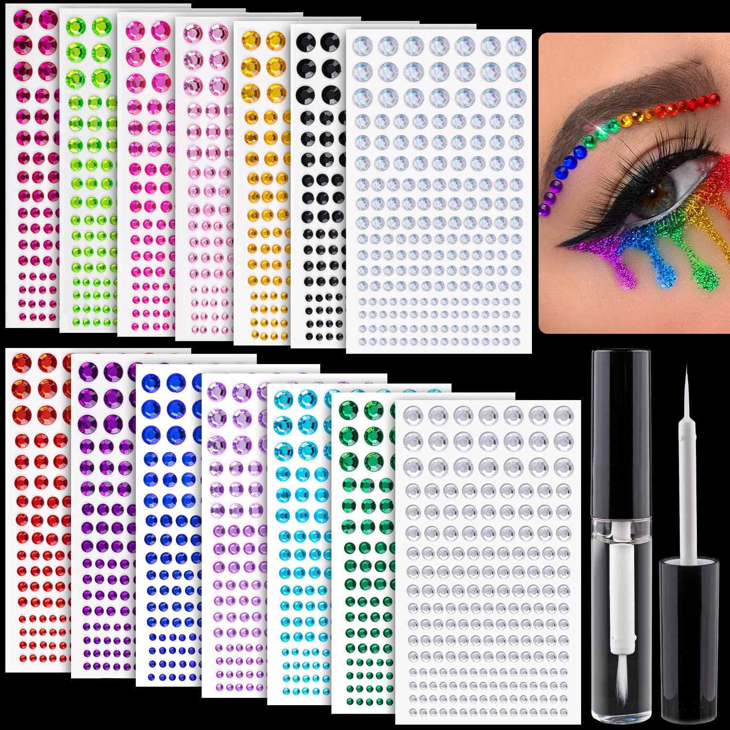 2758 Pcs of Rhinestone Stickers 3/4/5/6/8Mm Clear+Laser Self Adhesive Face Gems, Stick on Body Crystal Jewels with Quick Dry Makeup Glue for Face Eye Hair Nails Make up and Craft DIY Decorations