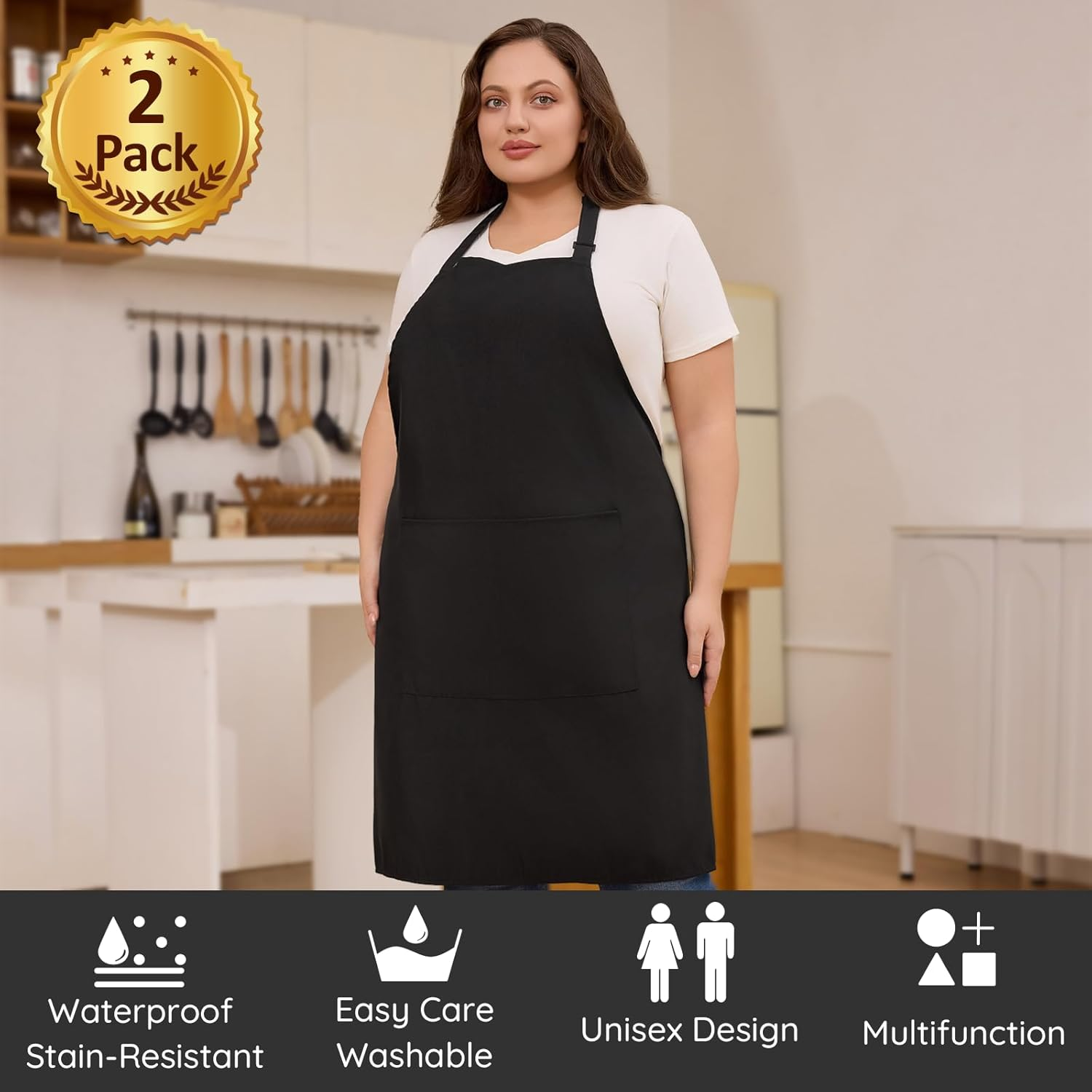 2 Pcs plus Size Chef Apron, Unisex Apron with 2 Pockets for Cooking, Grilling, BBQ, Work, Professional Apron for Waiter Artist Hairdresser (Large Size)
