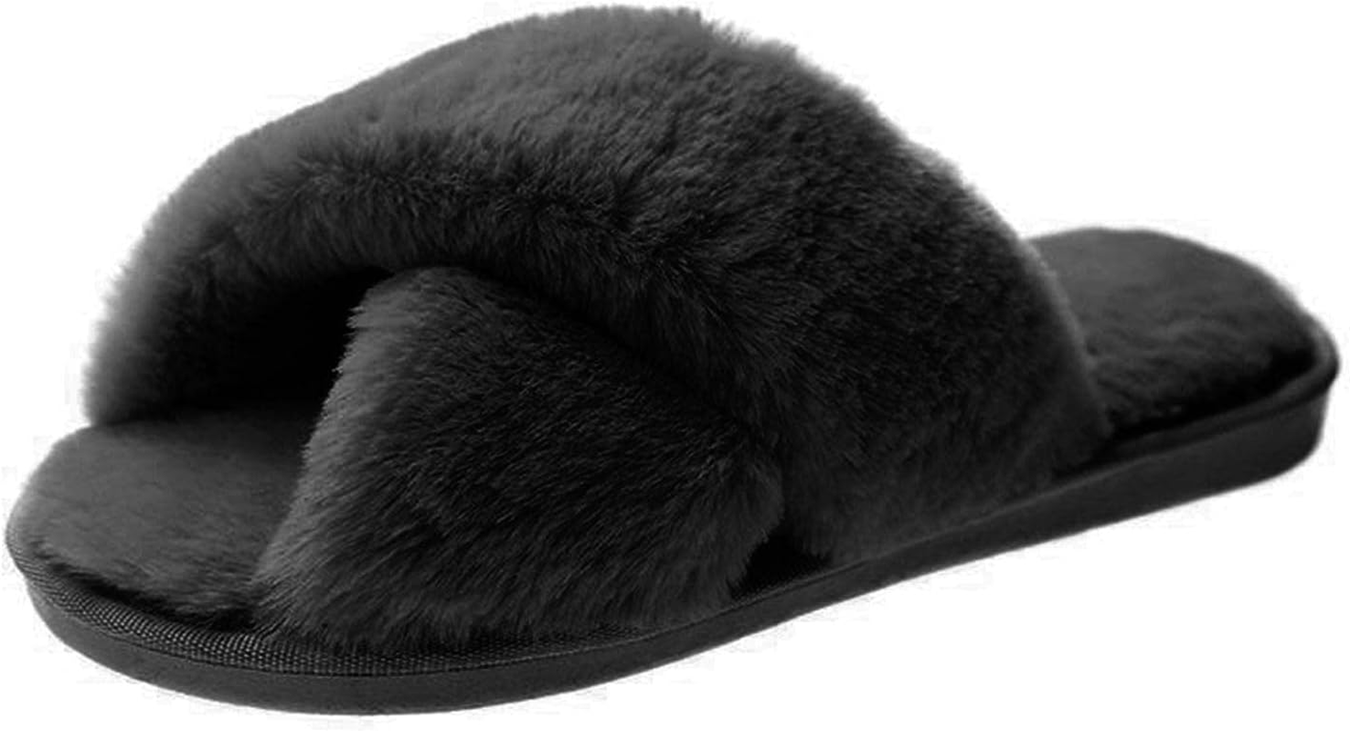 Fuzzy Slippers for Women, Cross Band Slippers, Womens Warm Comfy Open Toe Slippers with Rubber
