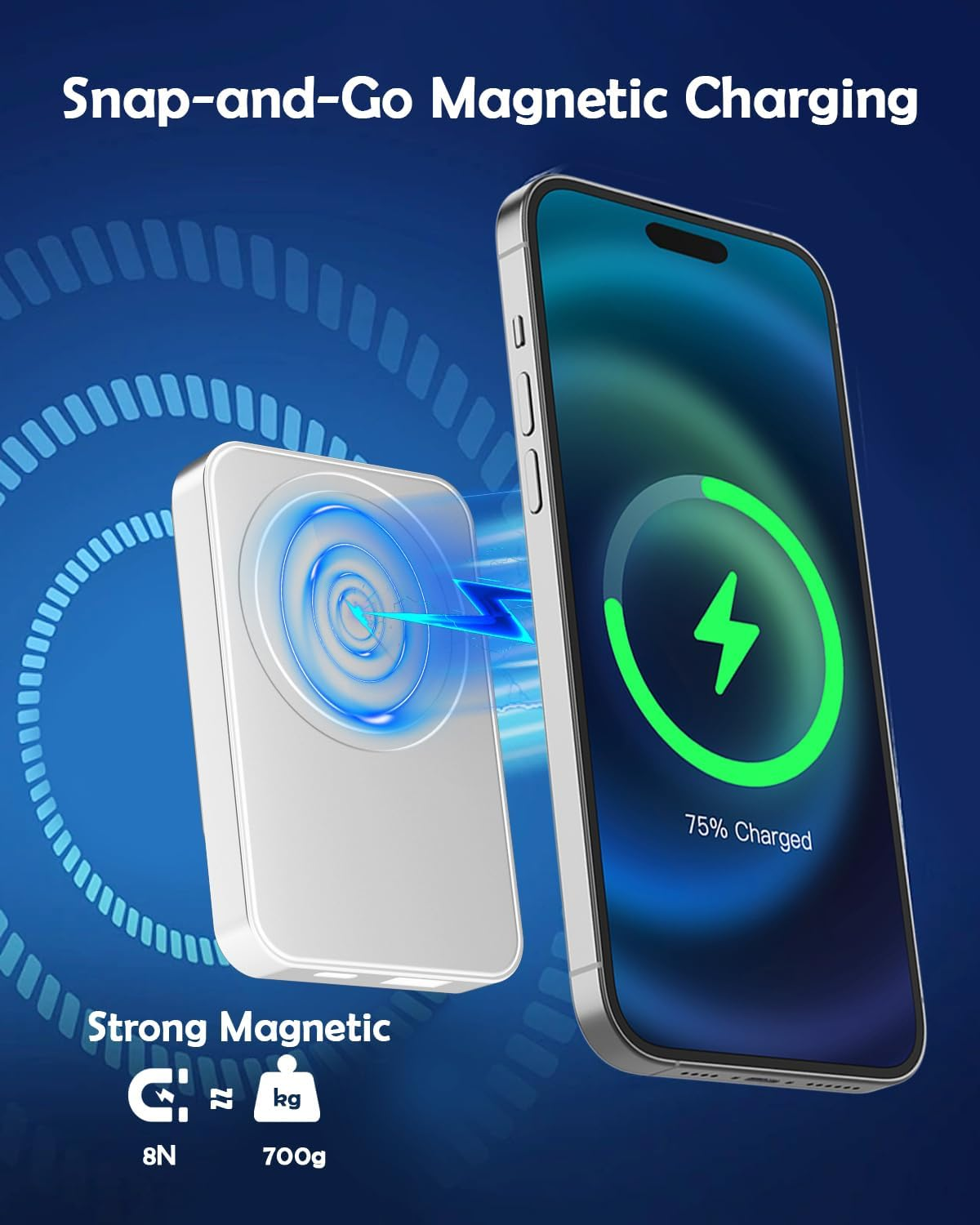 Wireless Portable Charger, Mini Magnetic 10000Mah Power Bank 15W Fast Wireless Charging 22.5W USB PD QC3.0 Type-C LED Display Battery Pack Compatible for Iphone 14/15/13/12 Series (White) image number 4