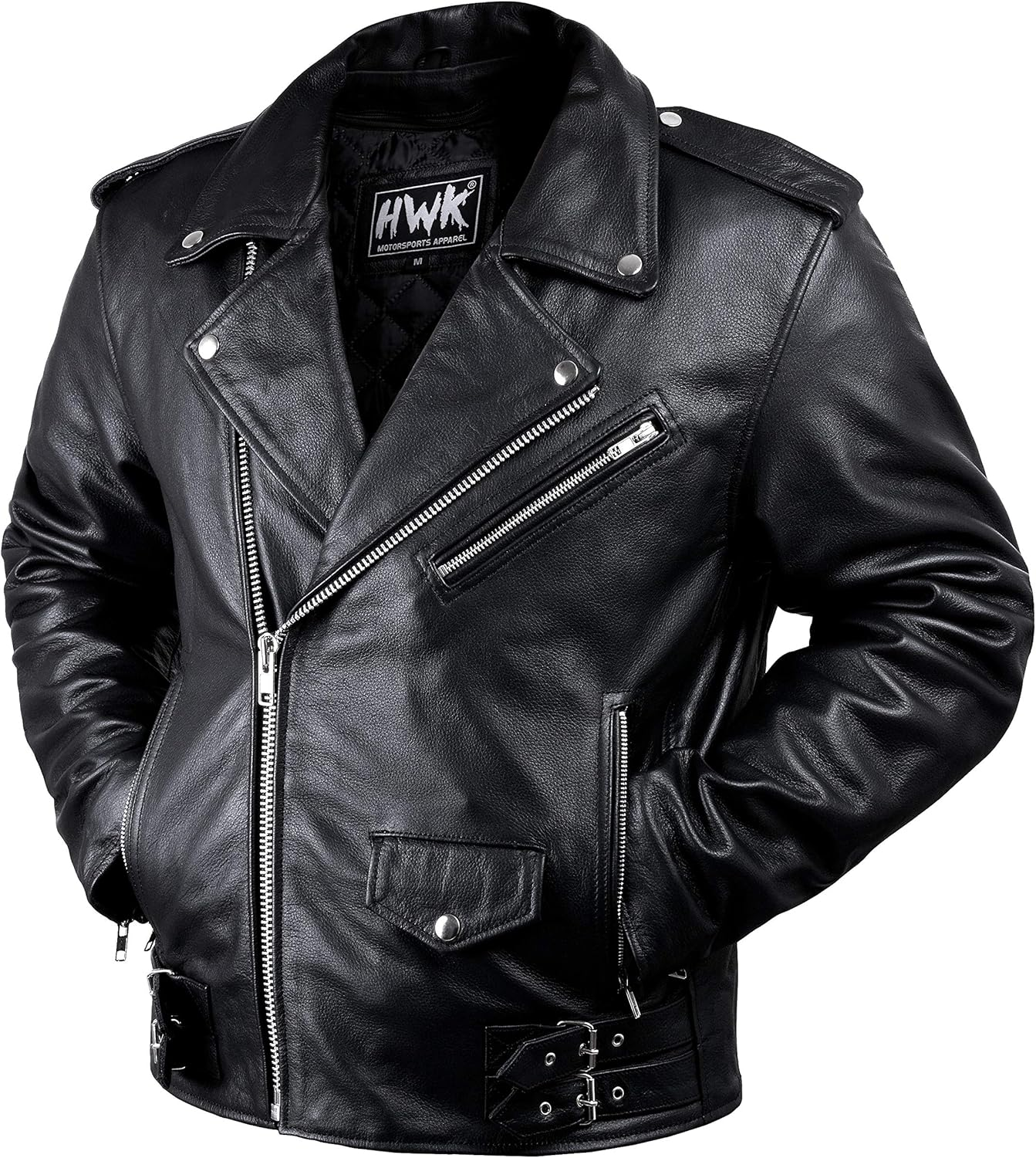 HWK Brando Leather Motorcycle Jacket for Men, Genuine Black Leather Jacket with Removable CE Armor for Motorbike Riding image number 5