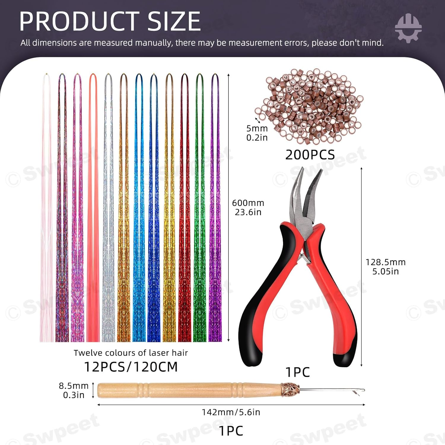 Swpeet 214Pcs 47" Hair Tinsel Kit Including 12 Mixed Colors 2400 Strands Hair Tinsel 200Pcs Silicone Lined Micro Ring Crochet Hook 5" Tweezer for Girl Kids Christmas New Year Halloween Cosplay Party image number 2