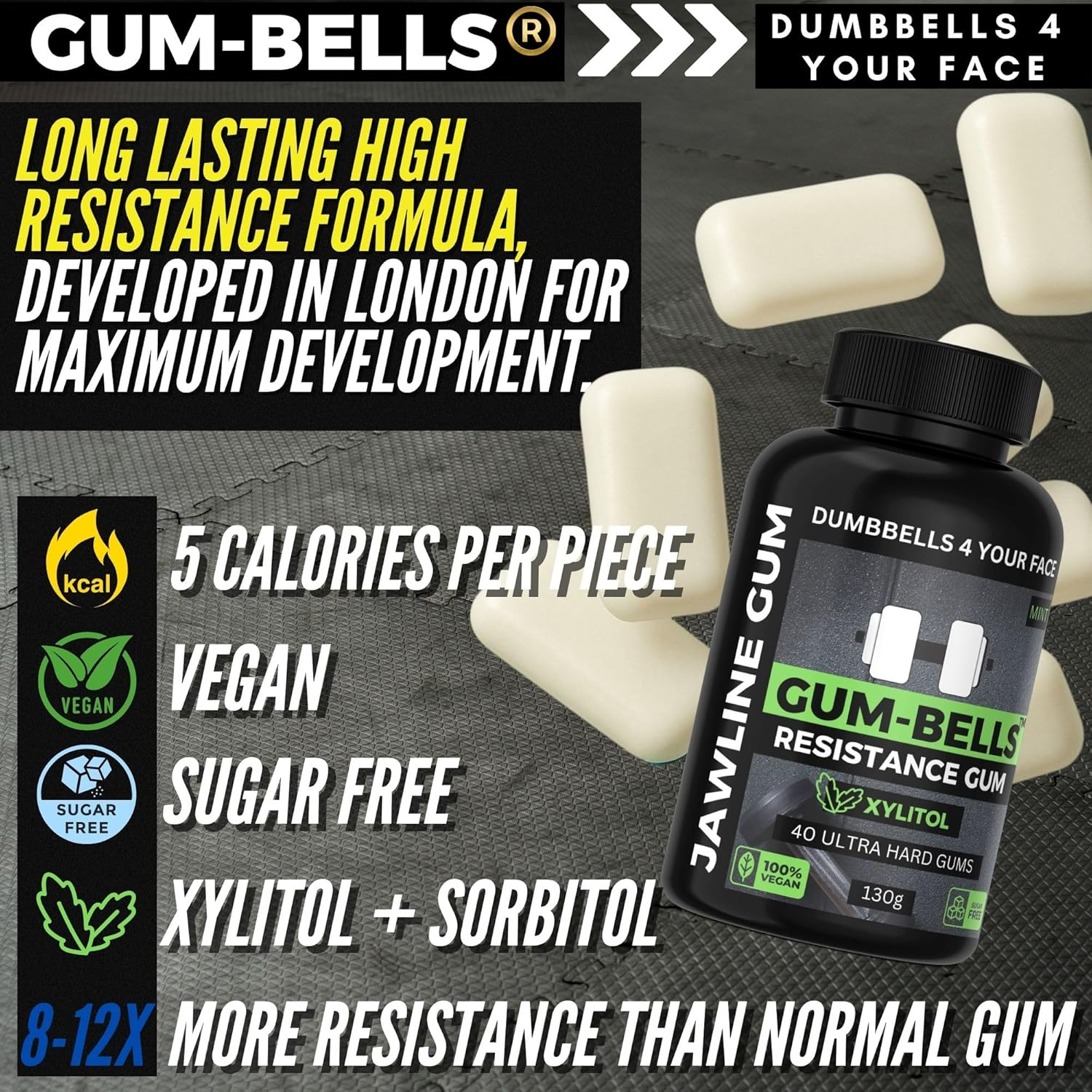 GUMBELLS&reg; Xylitol Jawline Gum &ndash; Ultra Tough Hard Gum | Jawline Shaper & Jaw Exerciser | Mewing & Looksmaxxing Tool | Mint Flavour | Sorbitol + Sugar-Free | 2-Month Pack of (40)