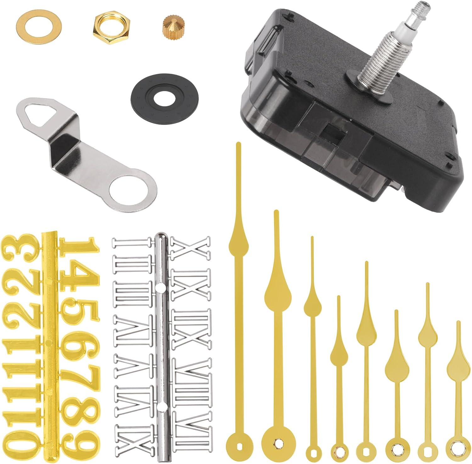 Glarks 12Pcs 28MM Golden High Torque Long Shaft Clock Movement Mechanism Kit Includes 1Pcs Clock Movements with 1Pcs Hooks, 4 Different Pairs Clock Hands, 4Pcs Mounting Hardware, 2Pcs Clock Numerals image number 1