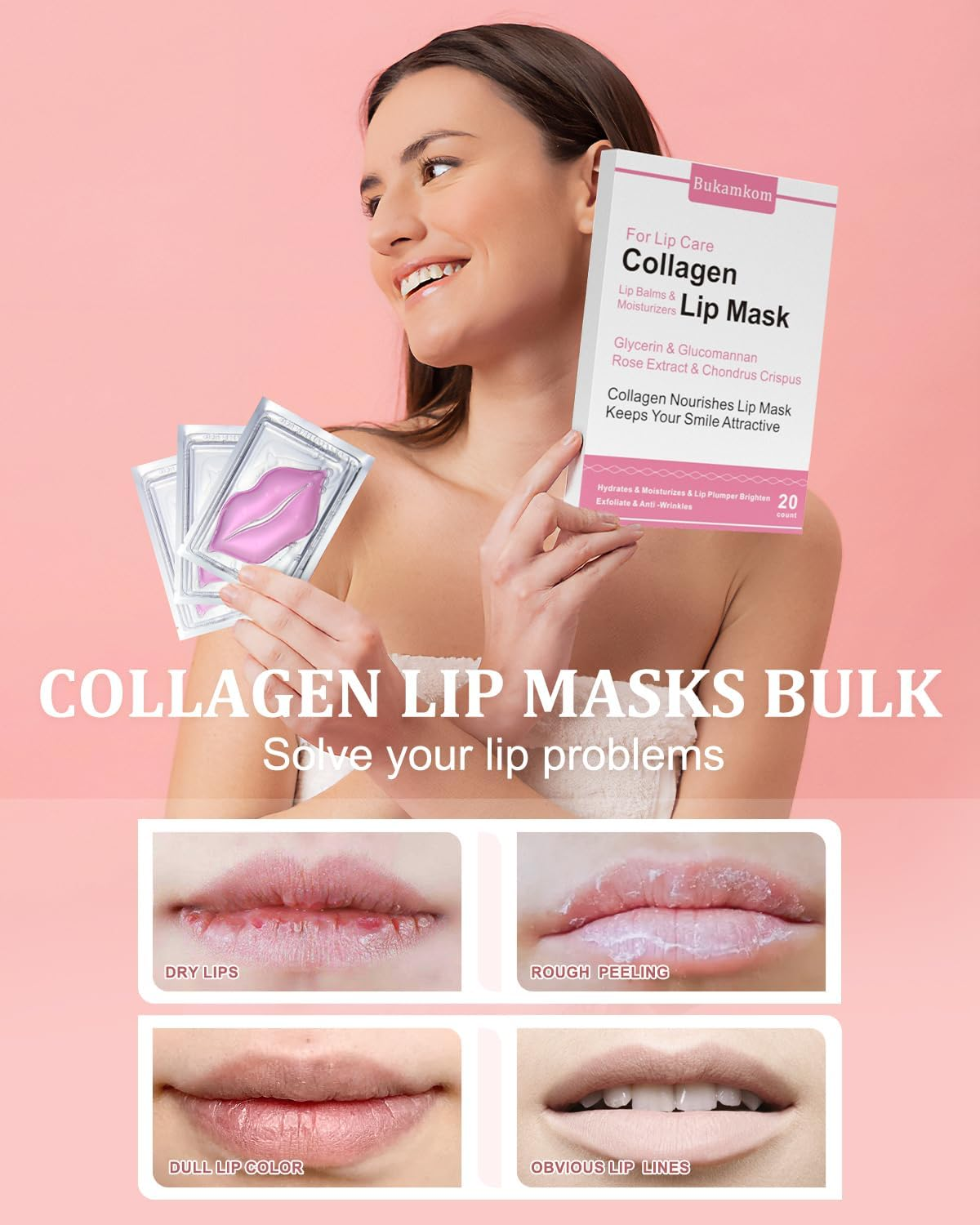 Bukamkom Collagen Lip Masks Bulk(20 Pieces/Box),Lip Mask Sheet Lip Care to Reduce Dark Lips and Lip Lines to Remove Dead Skin Moisture,Bulk Lip Masks Individually Wrapped (20) image number 5