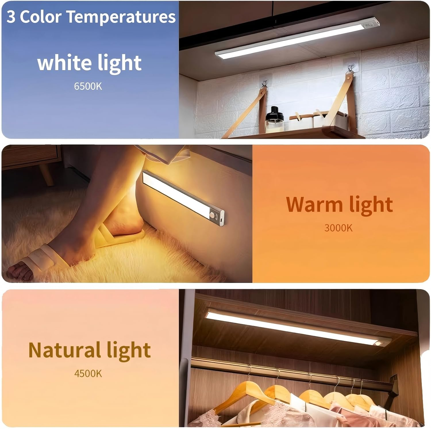 Under Cabinet Lighting, 4Pack Motion Sensor Light Indoor with 3 Color Temps, Wireless USB Rechargeable Led Light Bars, Sensor Night Lights for Cabinet, Kitchens, Bedrooms, Hallways (20CM White) image number 1