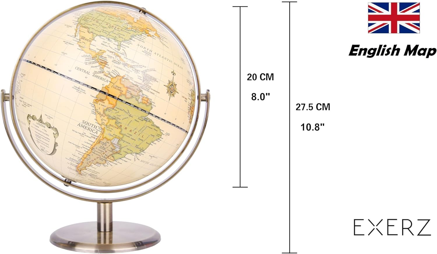 Exerz 20Cm Antique Globe Metal Arc and Base Bronzed Colour - World Globe All Direction 360&deg; Rotation - Modern Map in Vintage Colour image number 1