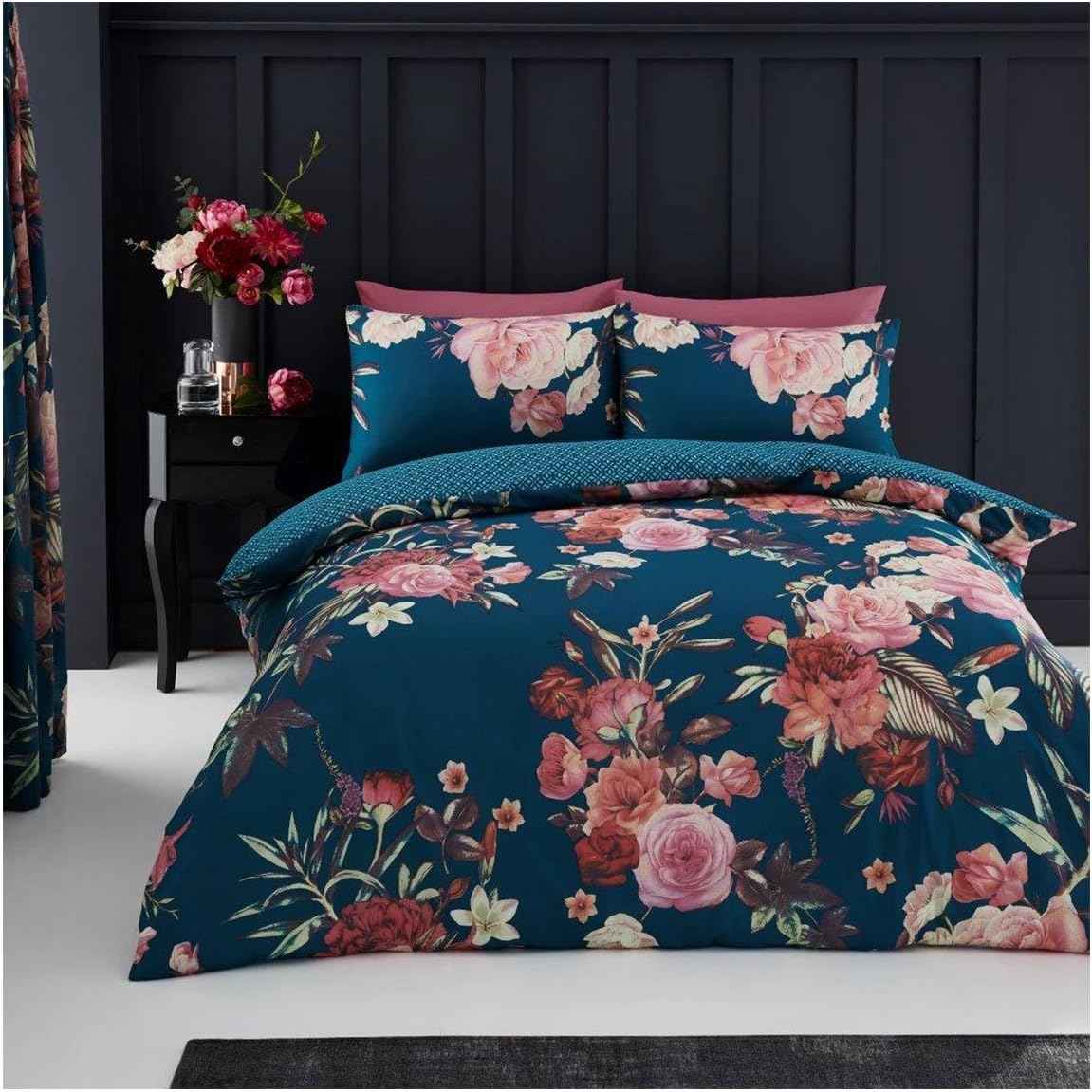 Easy Care Floral Printed Design Duvet Cover Set with Matching Pillowcase Geometric Bedding, King, Teal