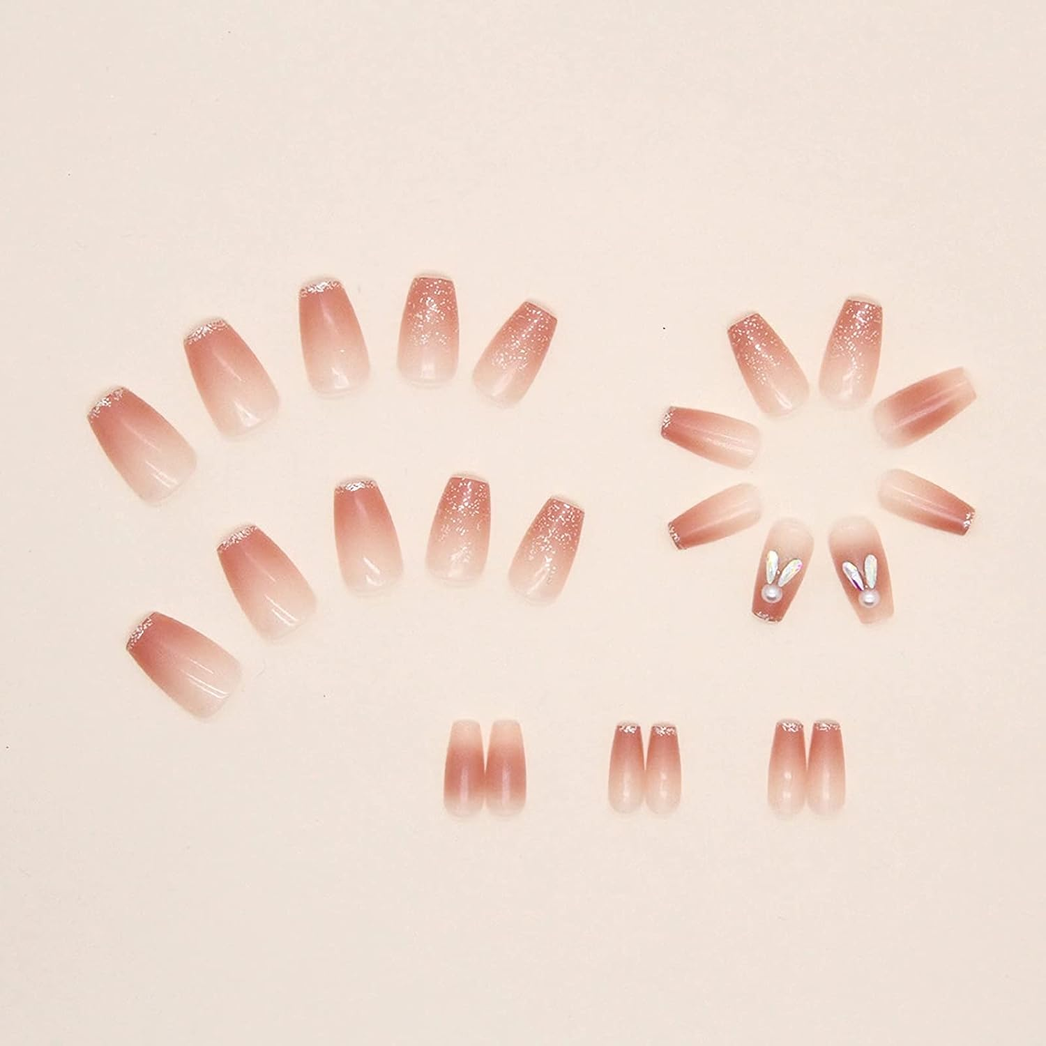 RYUUSEI Cute Bunny Square Press on Nails, Fake Nail Rabbit Fake Nails with Glue Short Coffin Nails Full Cover False Nail Tips Stick on Nails Lovely Gift Girls Nail Art Decoration Pink for Women Kid image number 1