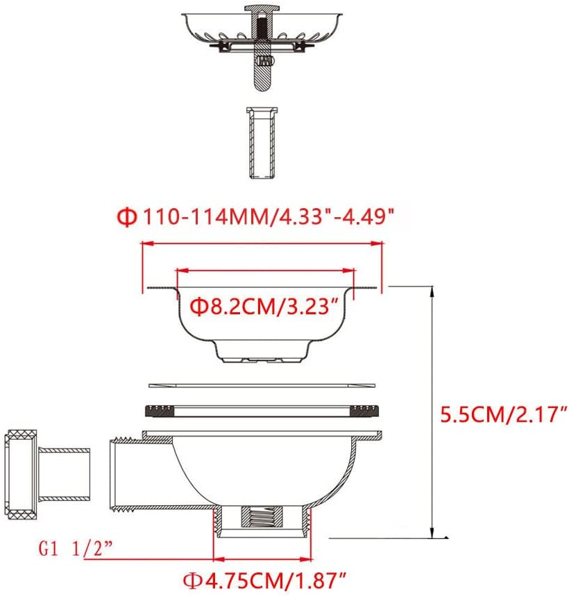 Kitchen Sink Collection, 114Mm Kitchen Stainless Steel Sink Drain Strainer Waste Plug with Square Overflow (Round) image number 3