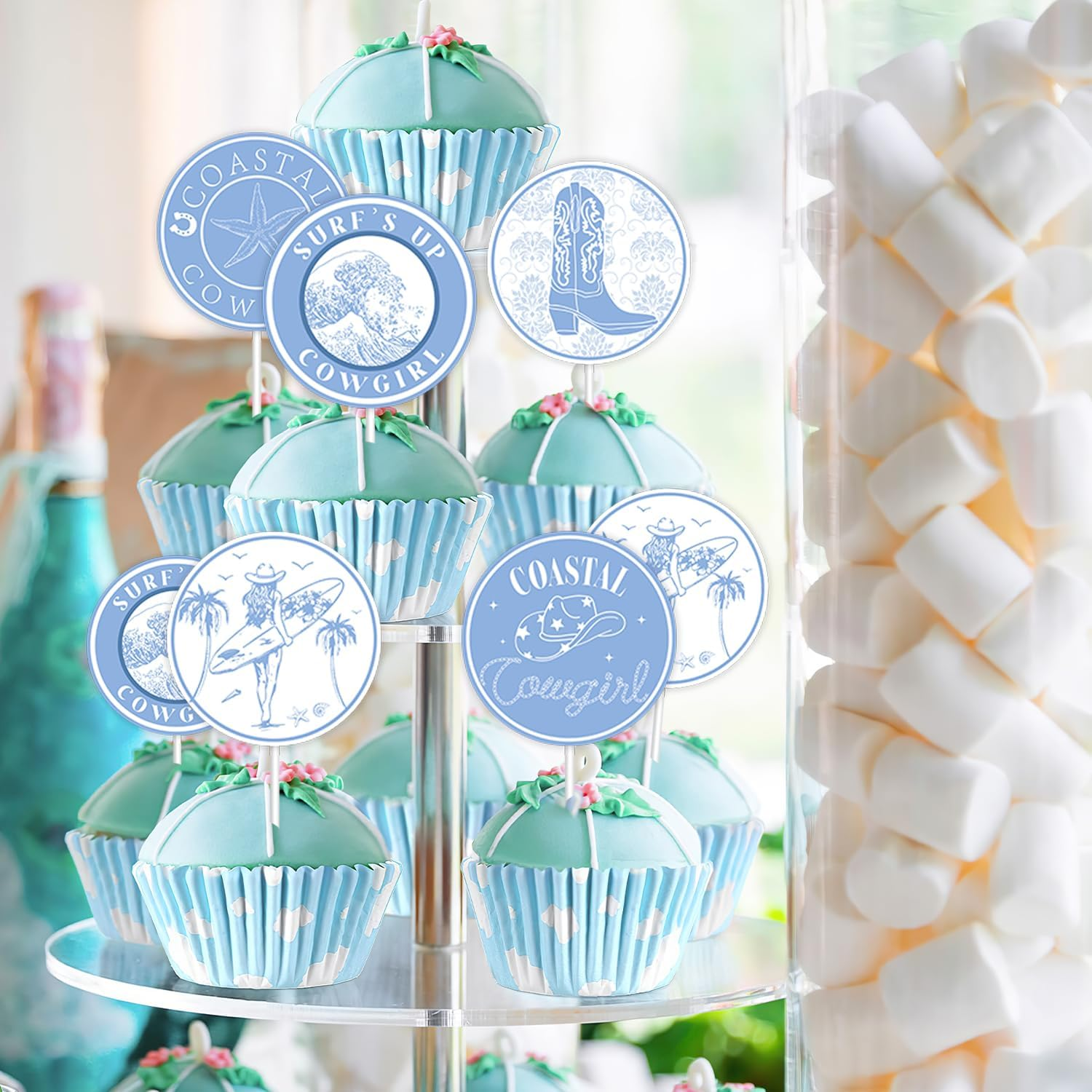 36Pcs Coastal Cowgirl Bachelorette Cupcake Toppers Nautical Bridal Shower Decorations Blue Boots Hats Shells Palm Cake Decorations for Cowgirl Bachelorette Engagement Bridal Shower Party Supplies image number 2
