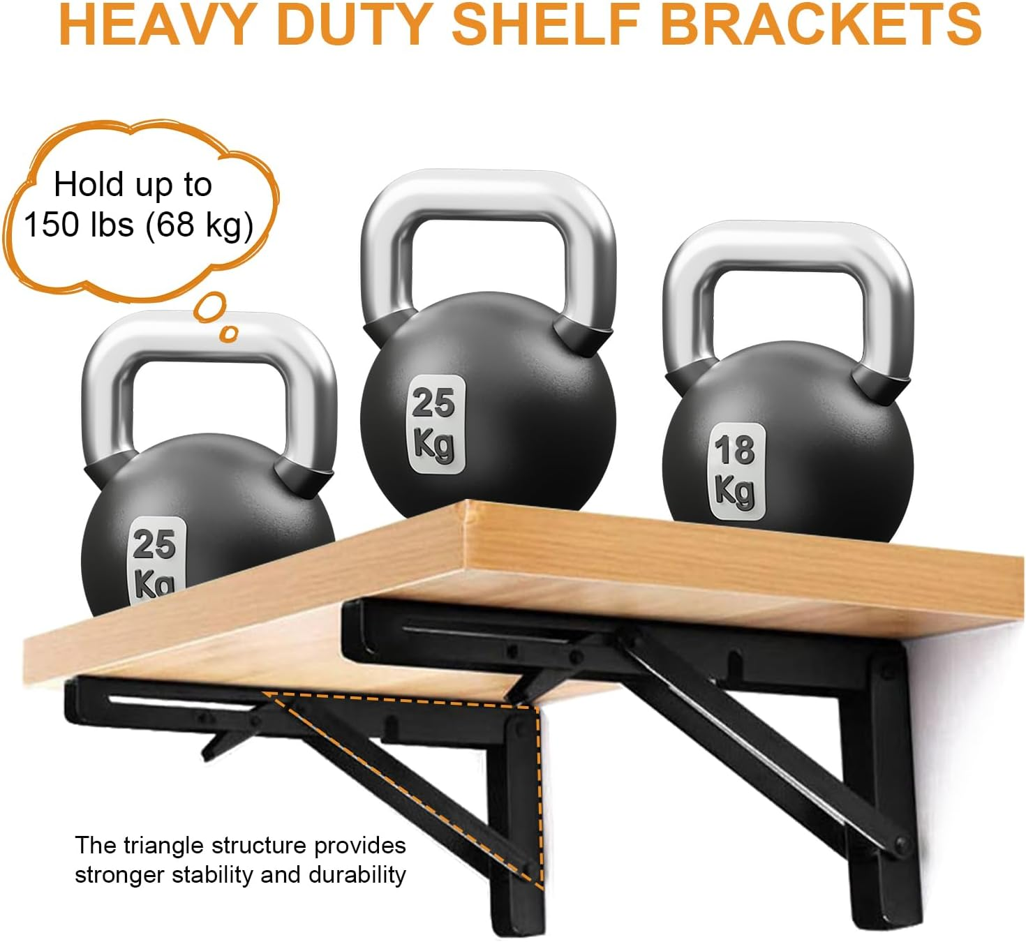 Folding Shelf Brackets - Heavy Duty Metal Collapsible Shelf Bracket for Bench Table, Shelf Hinge Wall Mounted Space Saving DIY Bracket, Max Load: 150 Lb, Black image number 2