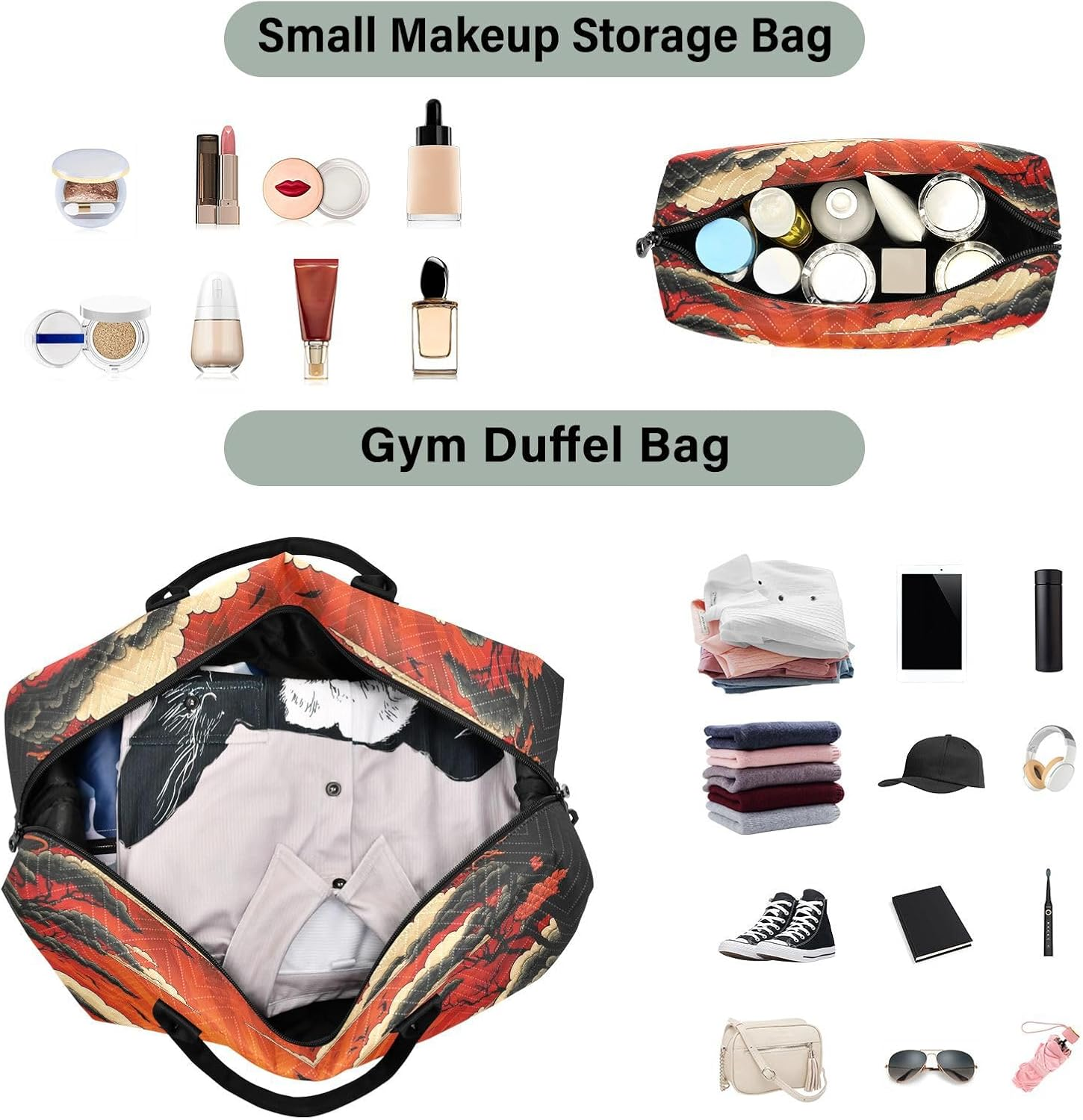 Duffel Bag Set with Toiletry Bag for Travel Gym Sport, Luggage Sleeve Weekender Bags Carry on Overnight Bag-Traditional Japanese Painting Print, Multicolored, 20.5 X 7.9 X 13.8 Inches+9.1 X 3.5 image number 1
