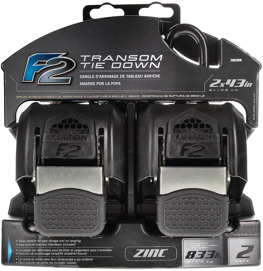 Fulton 2062000 F2 Retractable Boat Transom Tie down Straps (Pair of 2), 2 X 43 Inches Ratchet Tie down Straps, 833 Lbs. Capacity, 2,500 Lbs. Break Strength image number 4