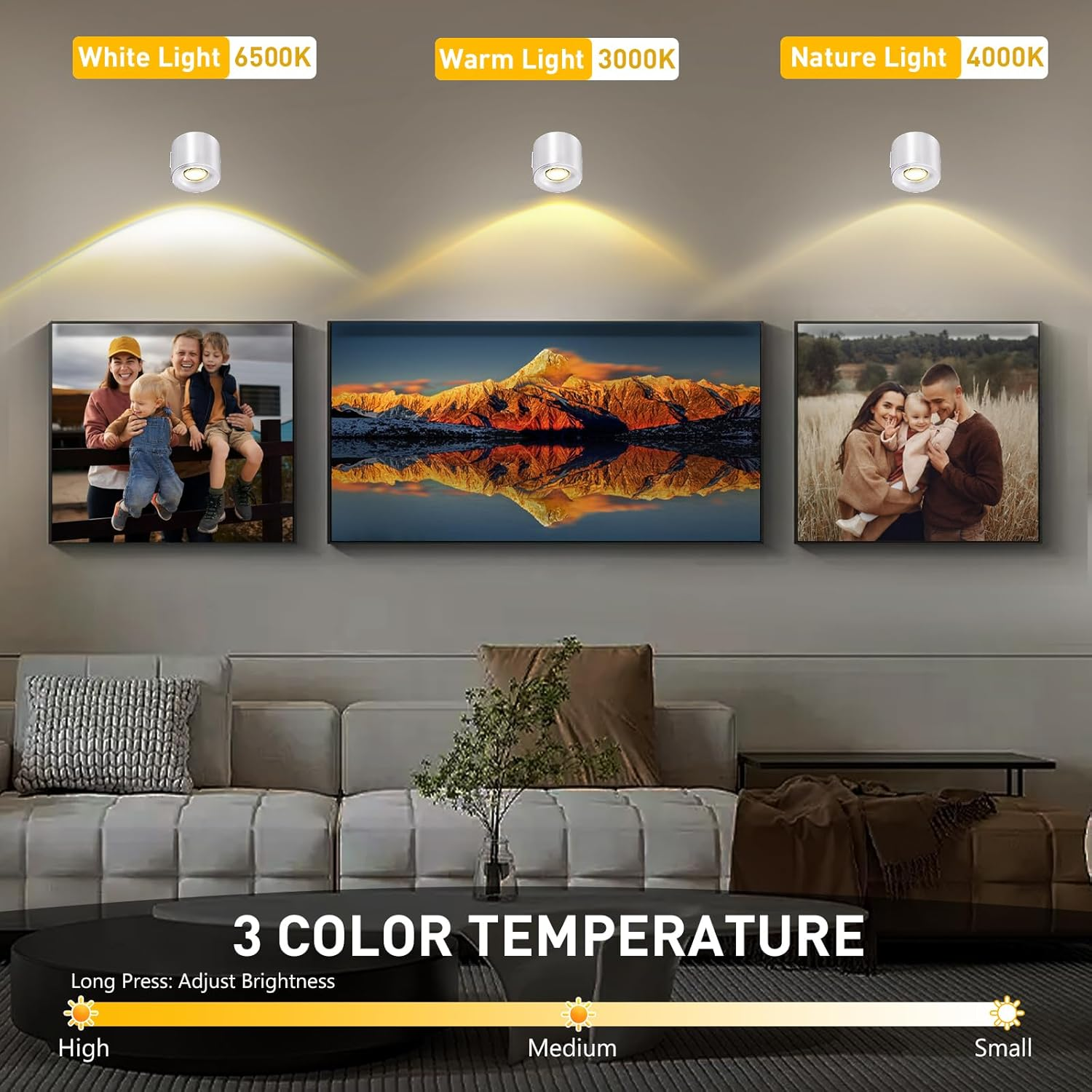 Roshin 2 Pack LED Wall Lights with USB Port - Battery Operated Wall Lights with 3 Color Temperatures & 3 Brightness - 360&deg; Illumination Night Light for Bedroom image number 2