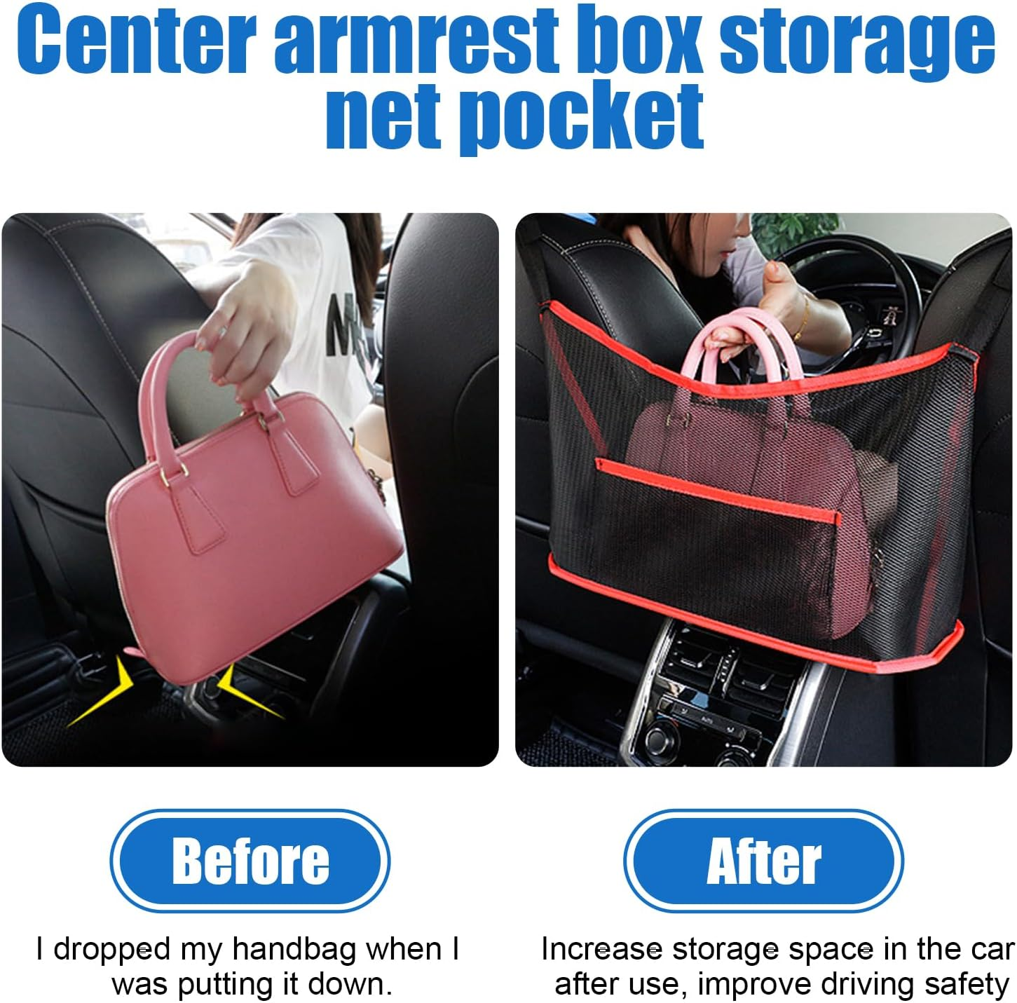 Ziciner Car Net Pocket Handbag Holder, Organizer Mesh Bag between Two Seat, Driver Storage Netting Pouch for Handbag Purse, Barrier of Backseat Pet Kids, Car Accessories for Women Men (Black&Red) - Black image number 3