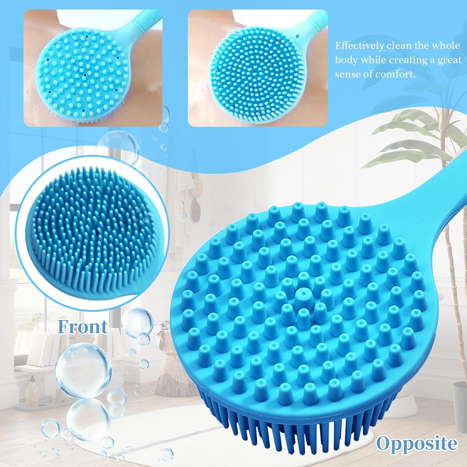 Silicone Back Scrubber for Shower, Double Sided Shower Brush for Shower Exfoliating and Massage, Body Bath Brush with Long Handle, Long Handle Back Scrubber for Men and Women, Exfoliation Brush (GRY) - Gry image number 3