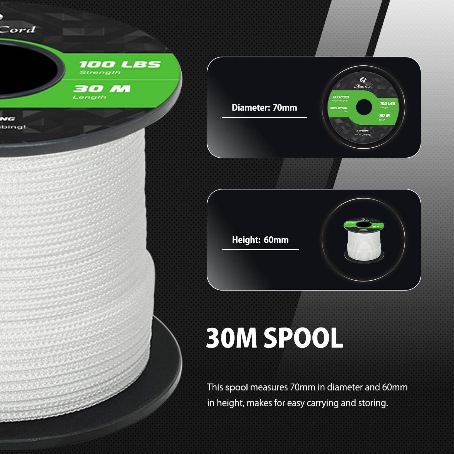 Abma Cord Paracord 2Mm 30M 100% Nylon Rope 1 Strand Type I Parachute Cord - Max. 45Kg (100Lbs) - White