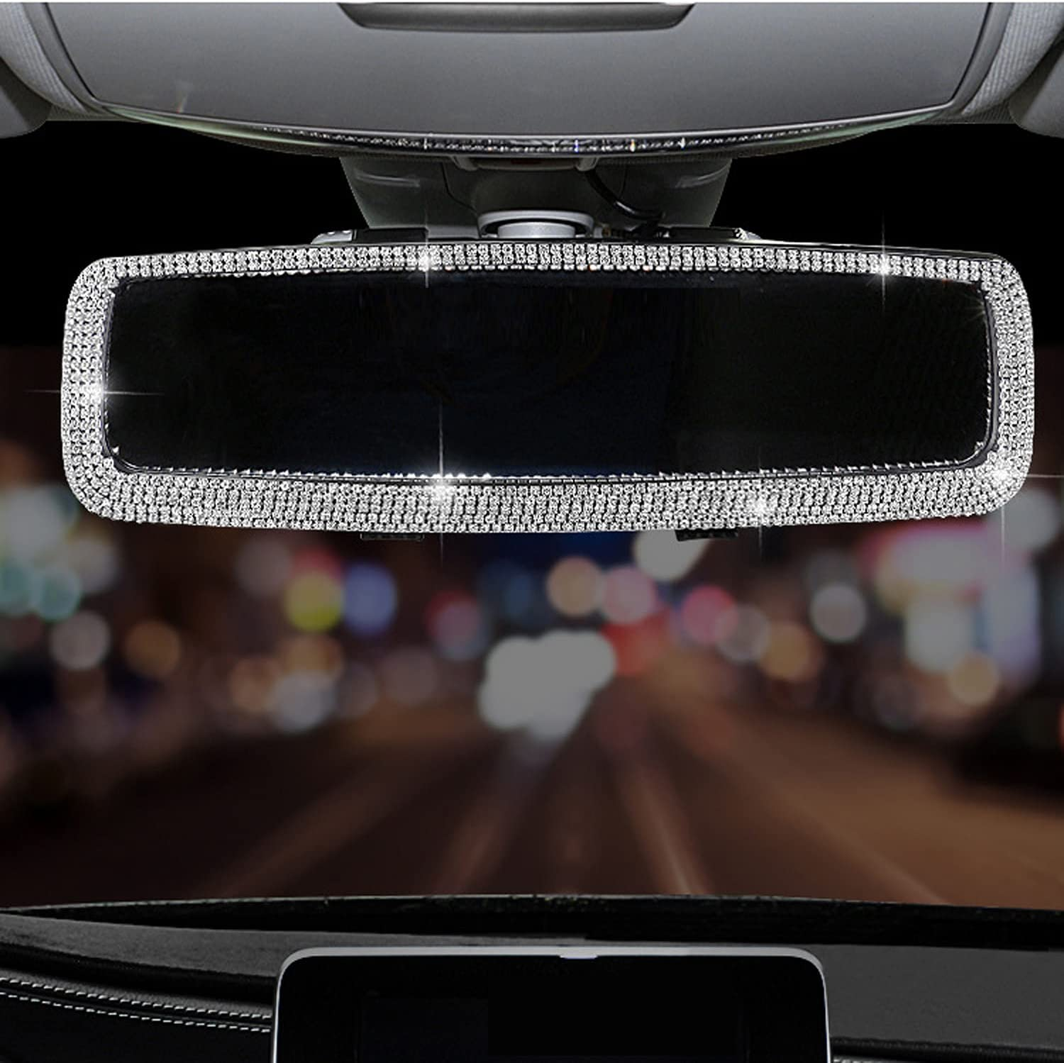 Bling Rhinestone Car Rear View Mirror, Car Rear View Mirror with Crystal Diamonds Bling Rhinestones Car Rear View Mirror for Women,Car Interior Trim. (Sliver) image number 3