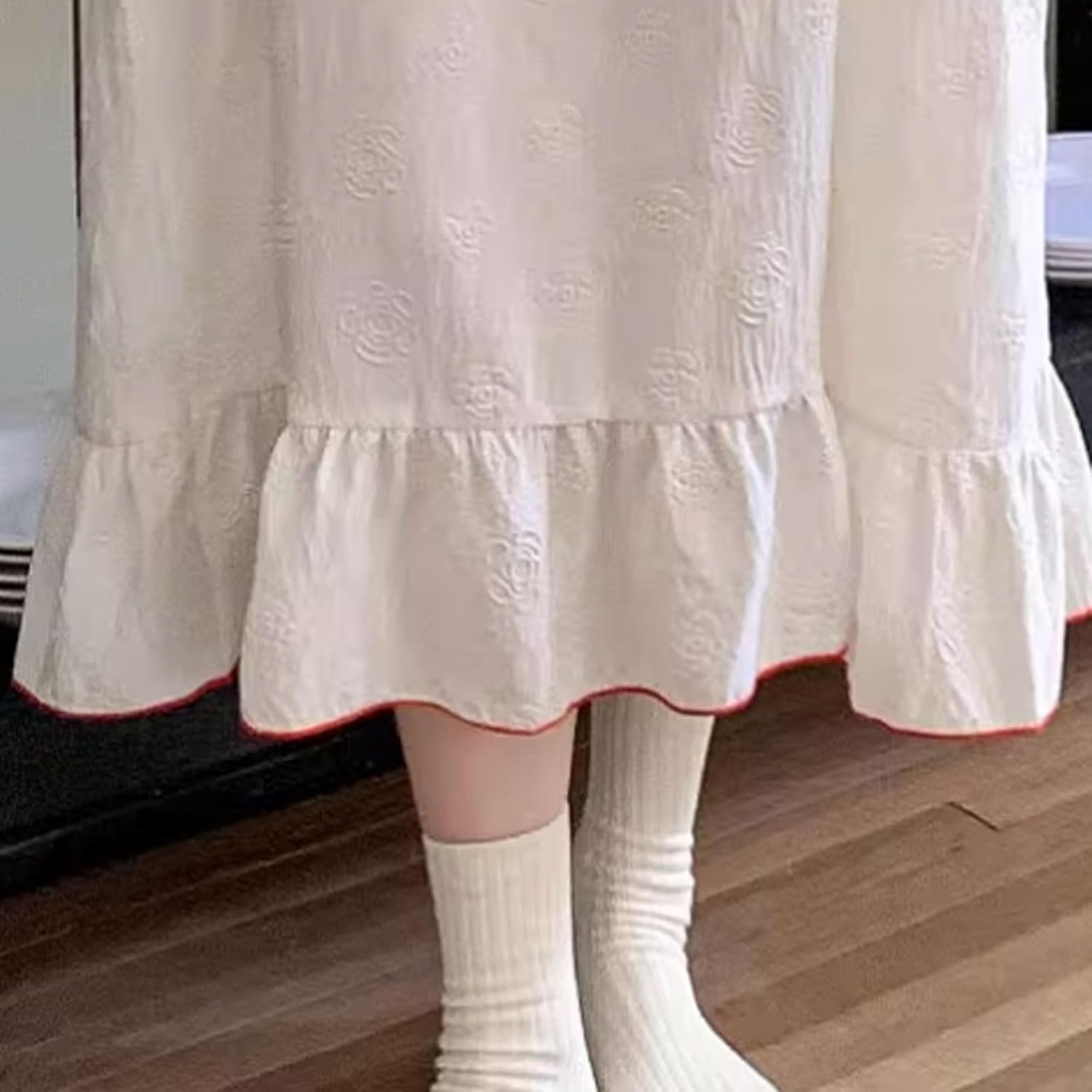 Polyester Fiber Nightgown round Neck with Chest Pad Nightdress Long Sleeve Can Be Worn Outside