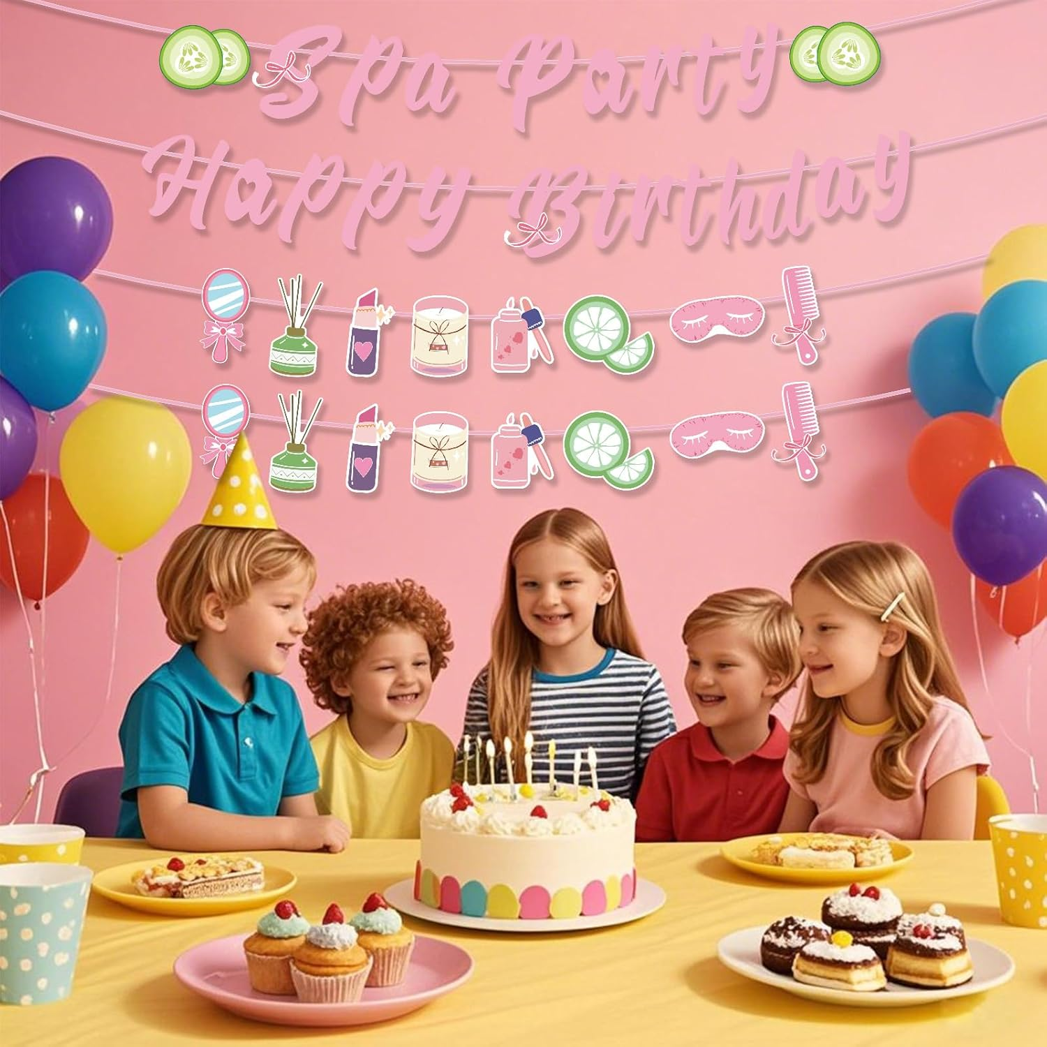 Tinoaly Spa Party Decorations, Pre-Strung Pink Happy Birthday Banner & Sign Perfect for Girls Women Spa Day Sleepover Slumber or Makeup Theme Birthday Party Supplies image number 6