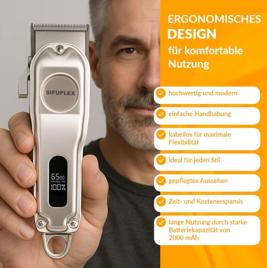 Sifuplex Fusionblade Professional Hair Clipper, Wireless with Powerful Motor and Carbon Steel Blades, 180 Min Battery Life, LED Display & USB-C I Includes 4 Attachments, Oil & Cleaning Brush image number 3