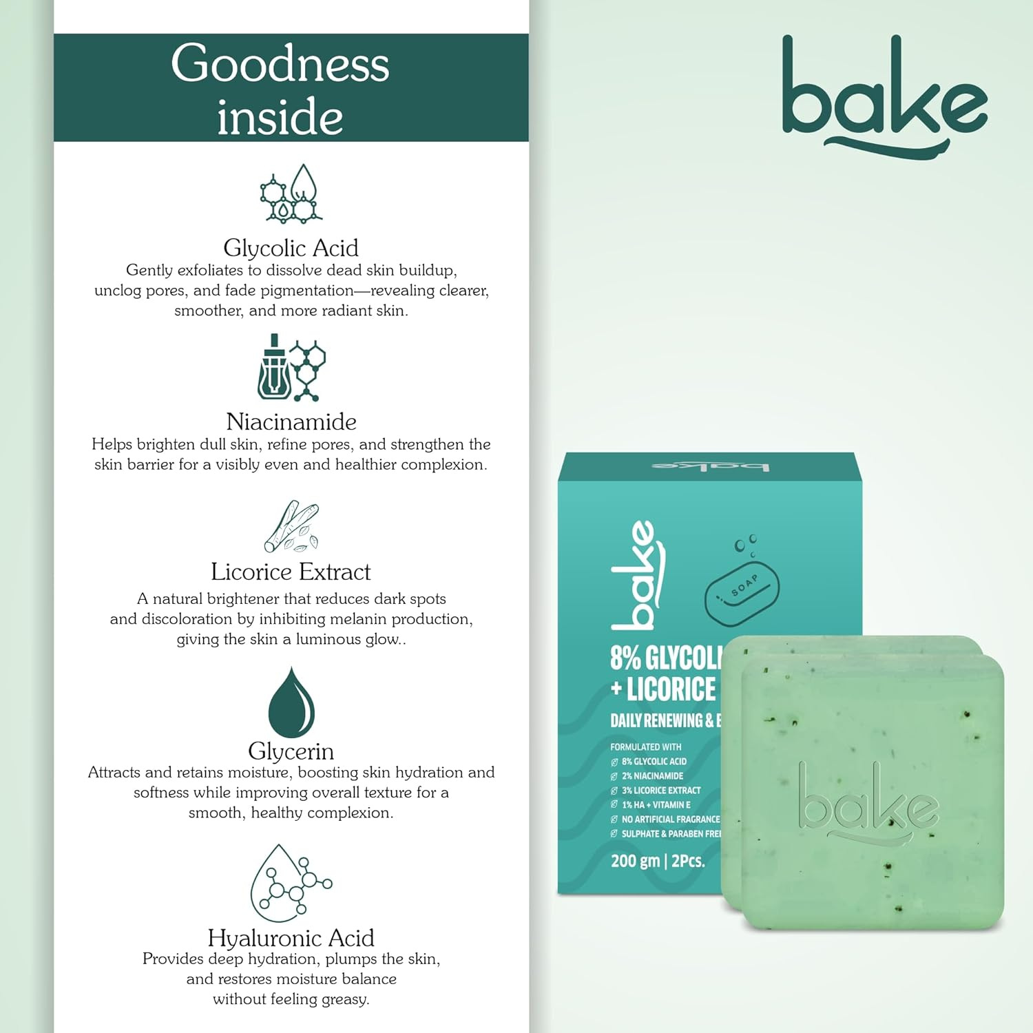 BAKE 8% Glycolic Acid Scrub Treatment Soap (200 Gms Pack of 2) with 3% Niacinamide | for Pigmentation, Exfoliation, Tan Removal, Brightens Underarms | for Women & Men | 100G X 2 (Pack of 2) image number 3