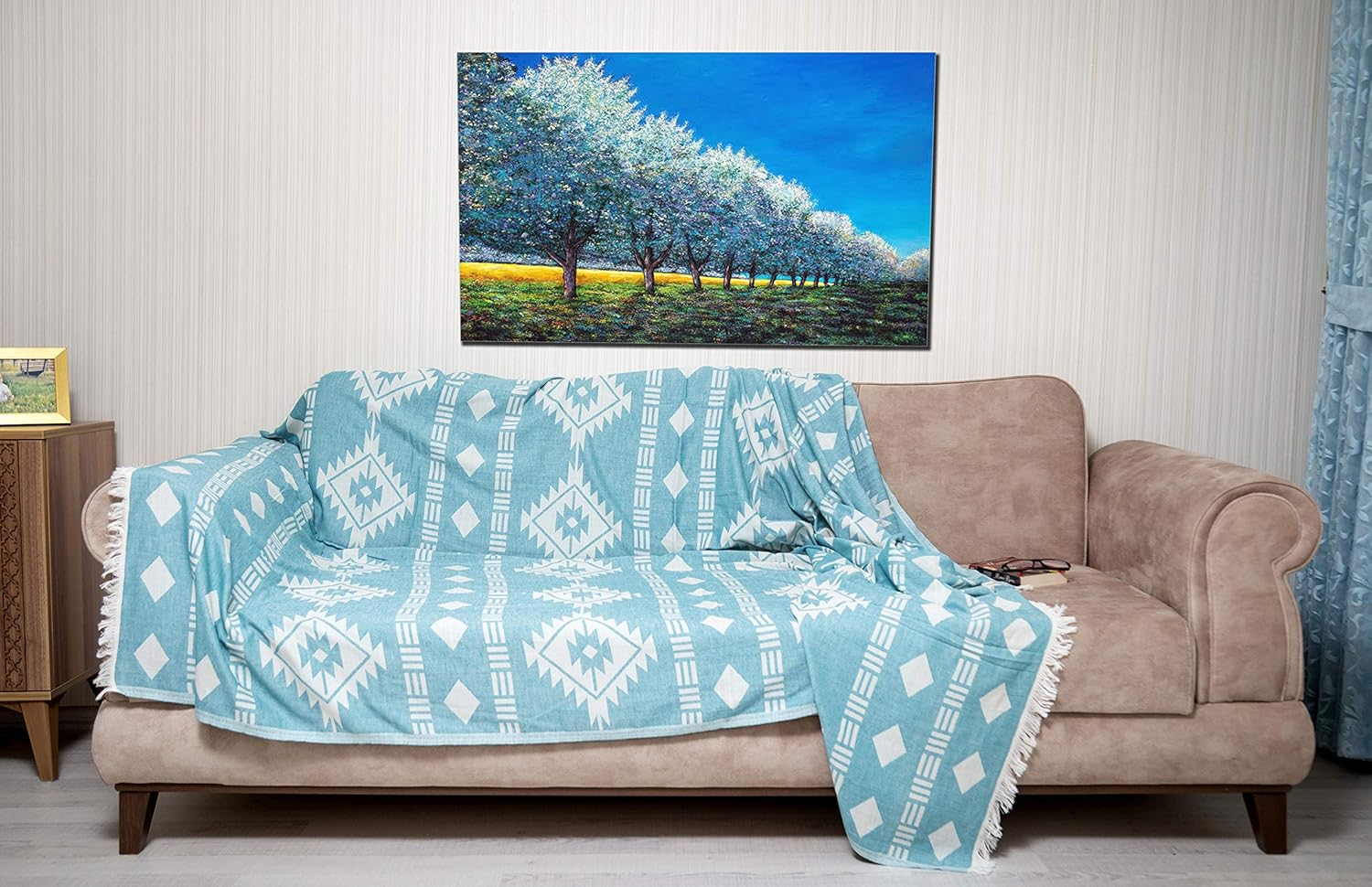 Bersuse 100% Cotton Belize XL Throw Blanket Turkish Towel - 75X90 Inches, Aqua