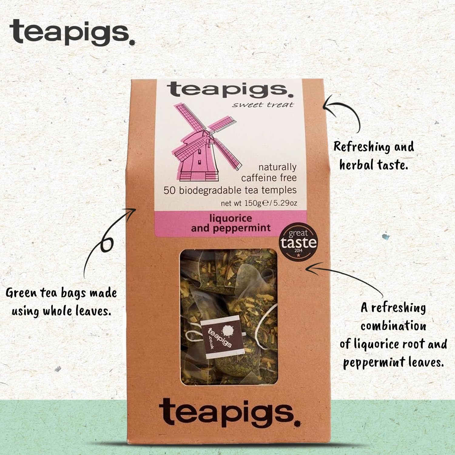Teapigs Liquorice and Mint Tea 50 Biodegradable Tea Bags image number 1
