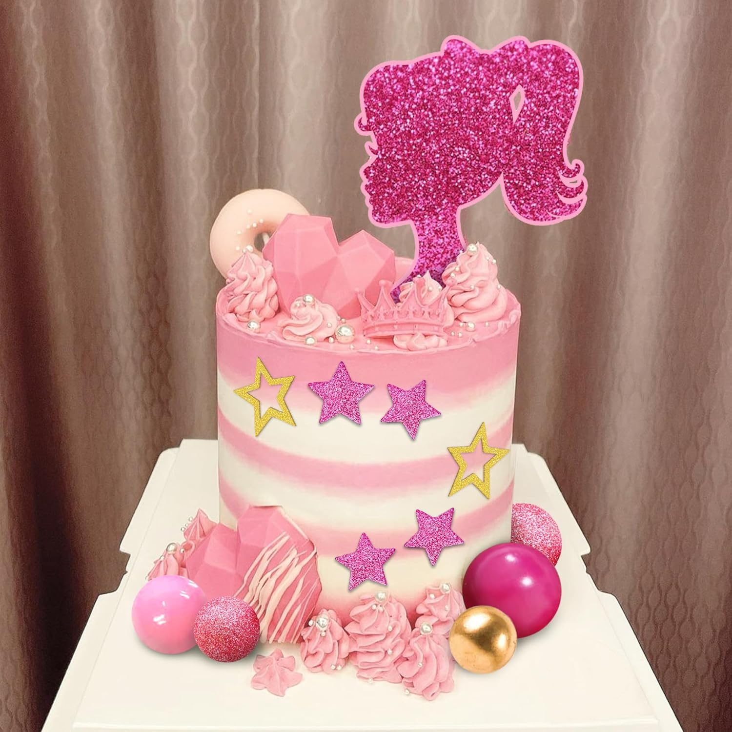 Hot Pink Girl Cake Topper Balls Cake Decorations with Shiny Stars for Wedding Baby Shower Birthday Supplies (Stars) image number 4