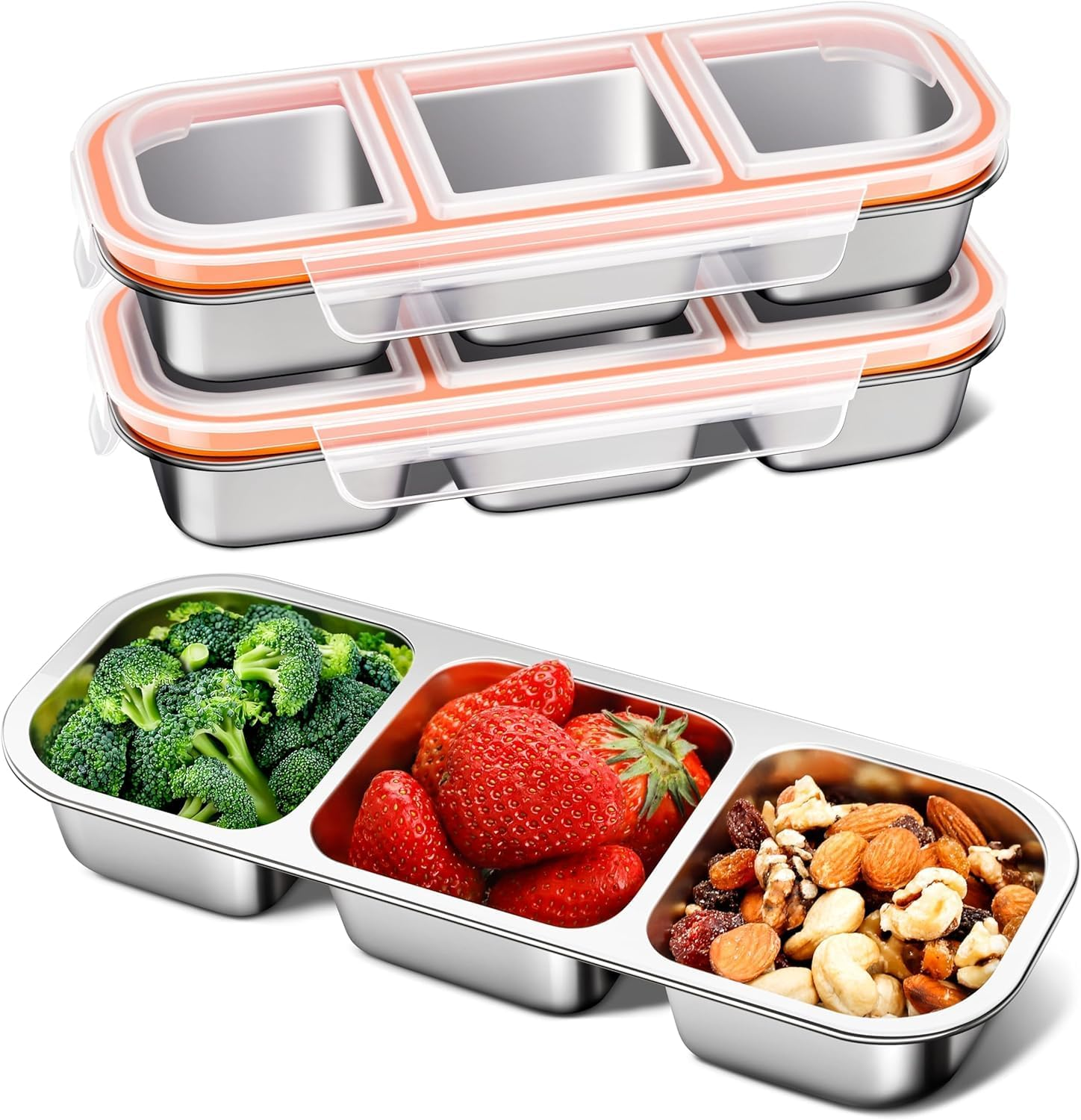 3 Pack Reusable Snack Containers with Lids - 3 Compartments Stainless Steel Bento Box - Food Storage Containers, Dishwasher and Suitable for Kitchen Snacks Dips Take Out Travel and Outdoor Camping image number 1