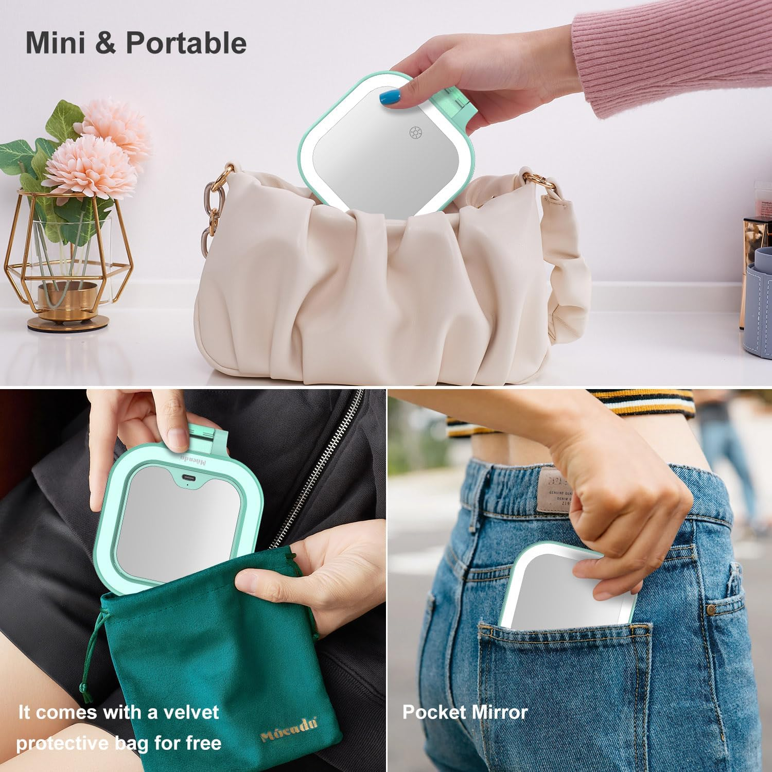 Mocado Compact Travel Makeup Mirror, 1X/30X Magnifying Mirror with Light, Double Sides Compact Mirror with 3 Color Light, Dimmable Handheld Mirror, Rechargeable Travel for Purse,Pocket(Green)