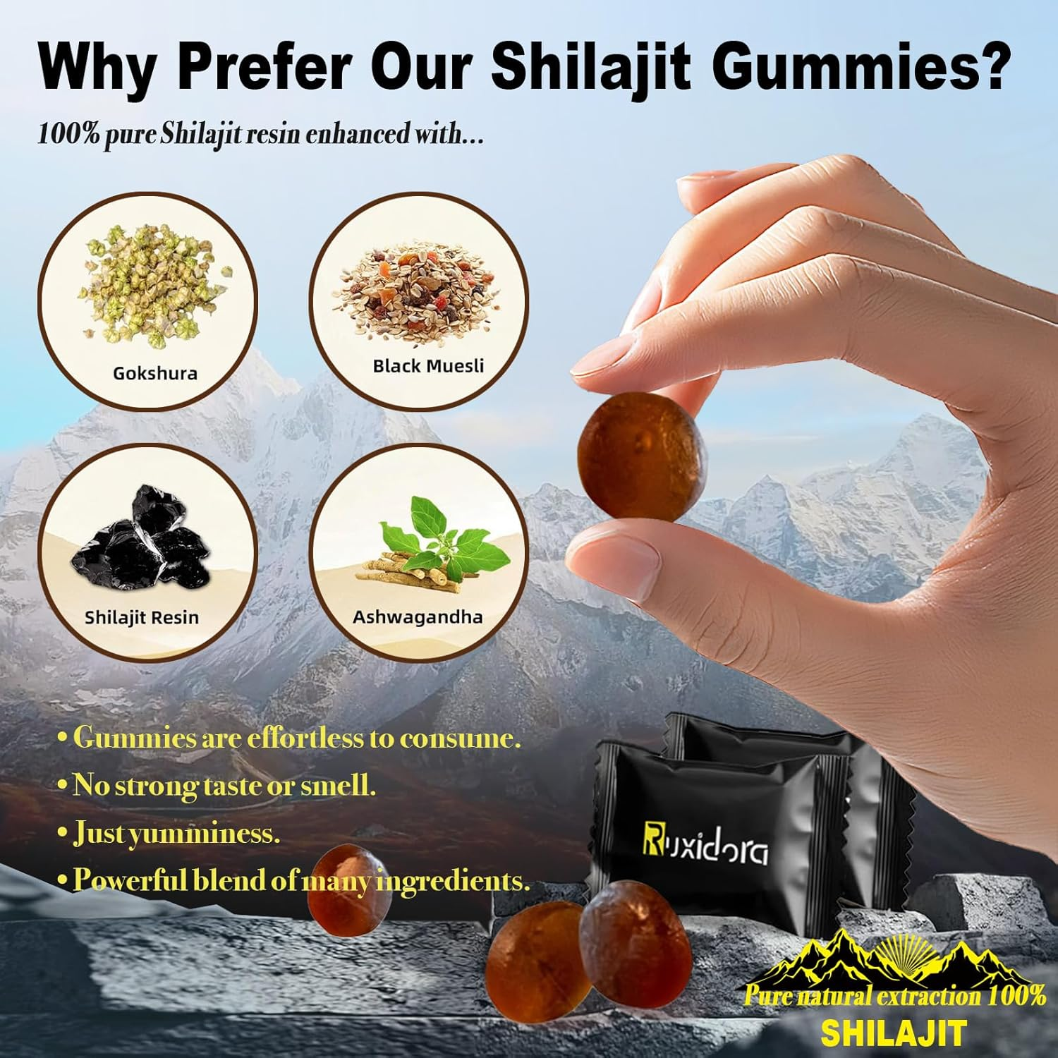 Pure Shilajit Gummies Gold I Lab Tested I No Added Sugar I Ashwagandha,Gokshura| Fulvic Acid & 85+ Trace Minerals I for Men, Women I Non-Gmo I & Organic I 60 Gummies image number 4