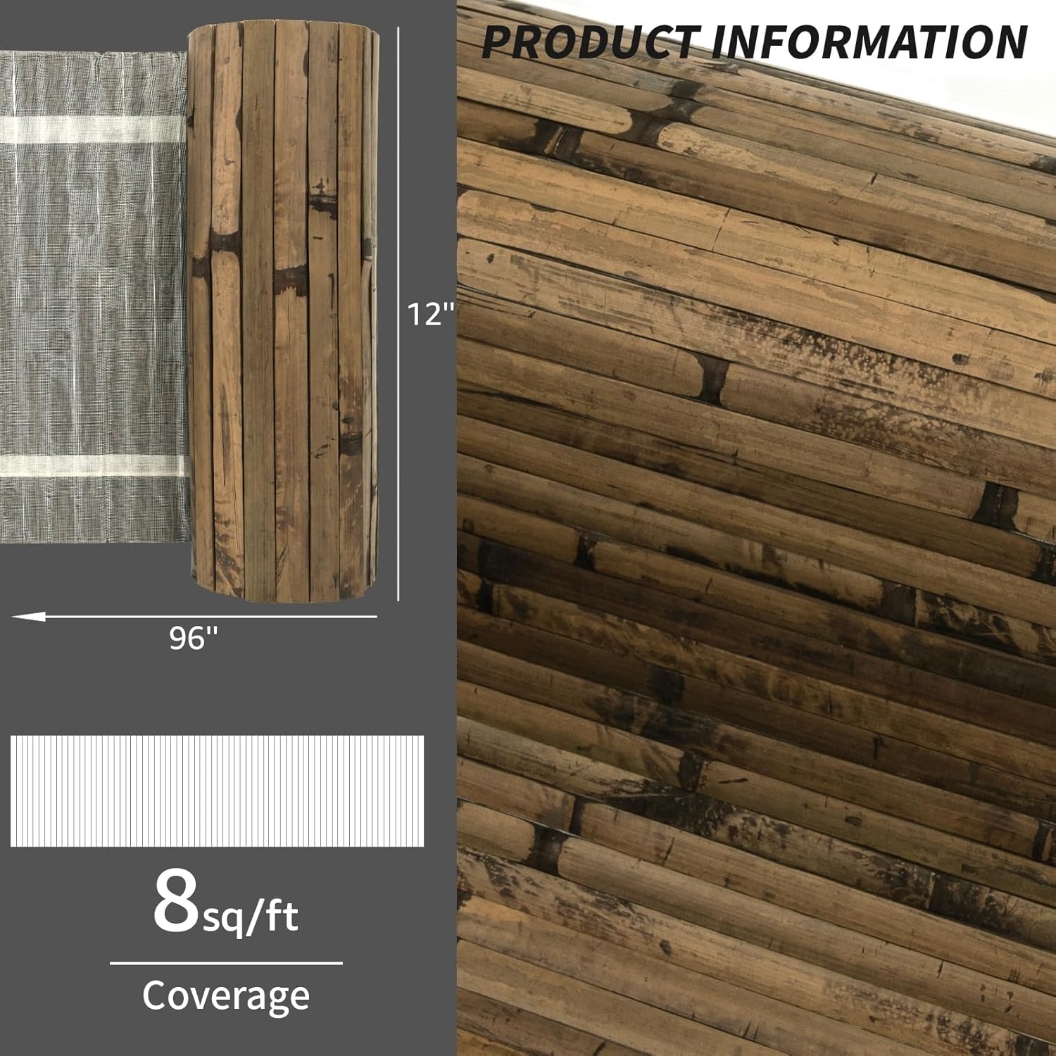Art3D Natural Bamboo Wall Panel for Interior Wall Decor, Renewable Pole Wrap Wainscoting Paneling for Wall Ceiling Furniture Cabinet Office, 244X30 CM - Dark Burned