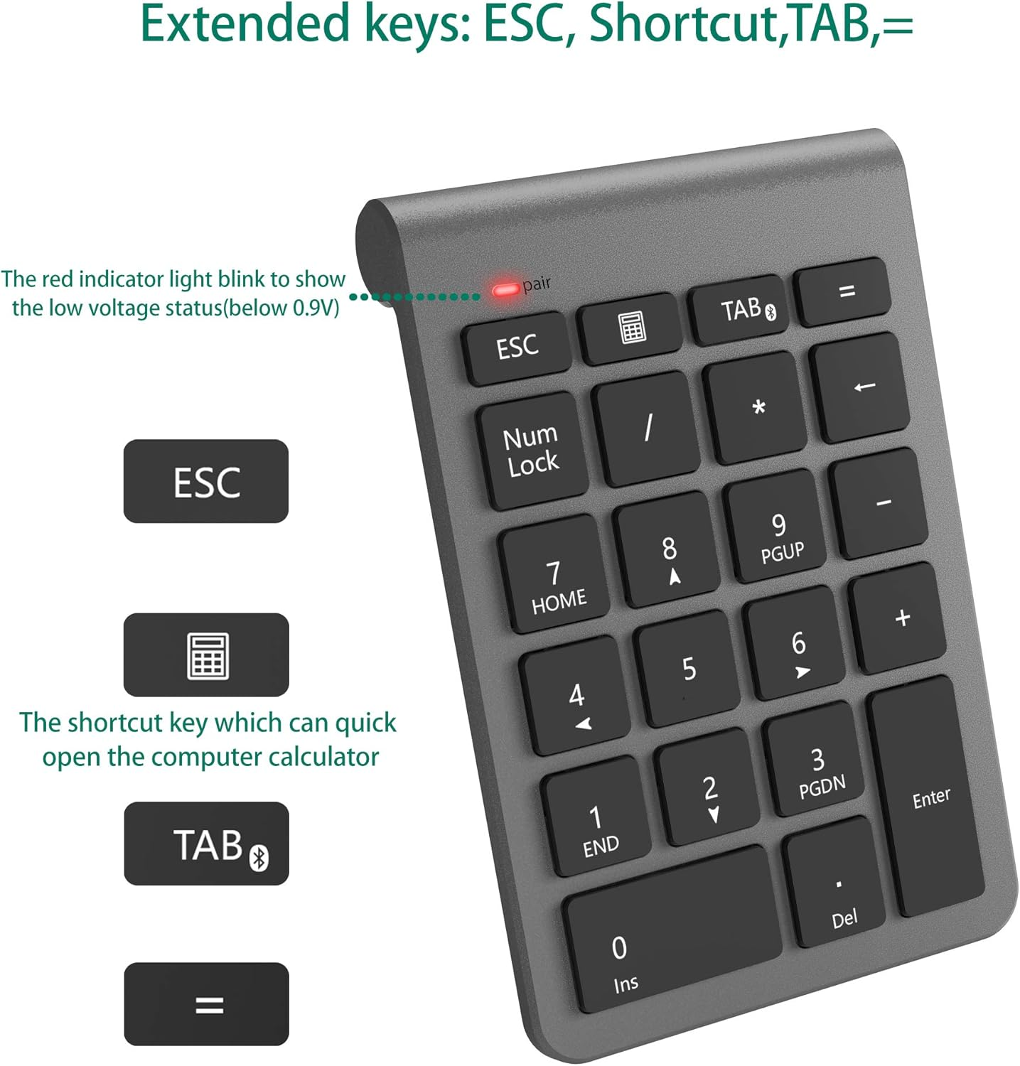 Rytaki Bluetooth Numeric Keypad for Laptops, Portable Wireless Bluetooth 22 Keys Numeric Keypad with Multiple Shortcuts for Laptop, PC, Desktop, Surface Pro, Notebook, Etc. image number 6