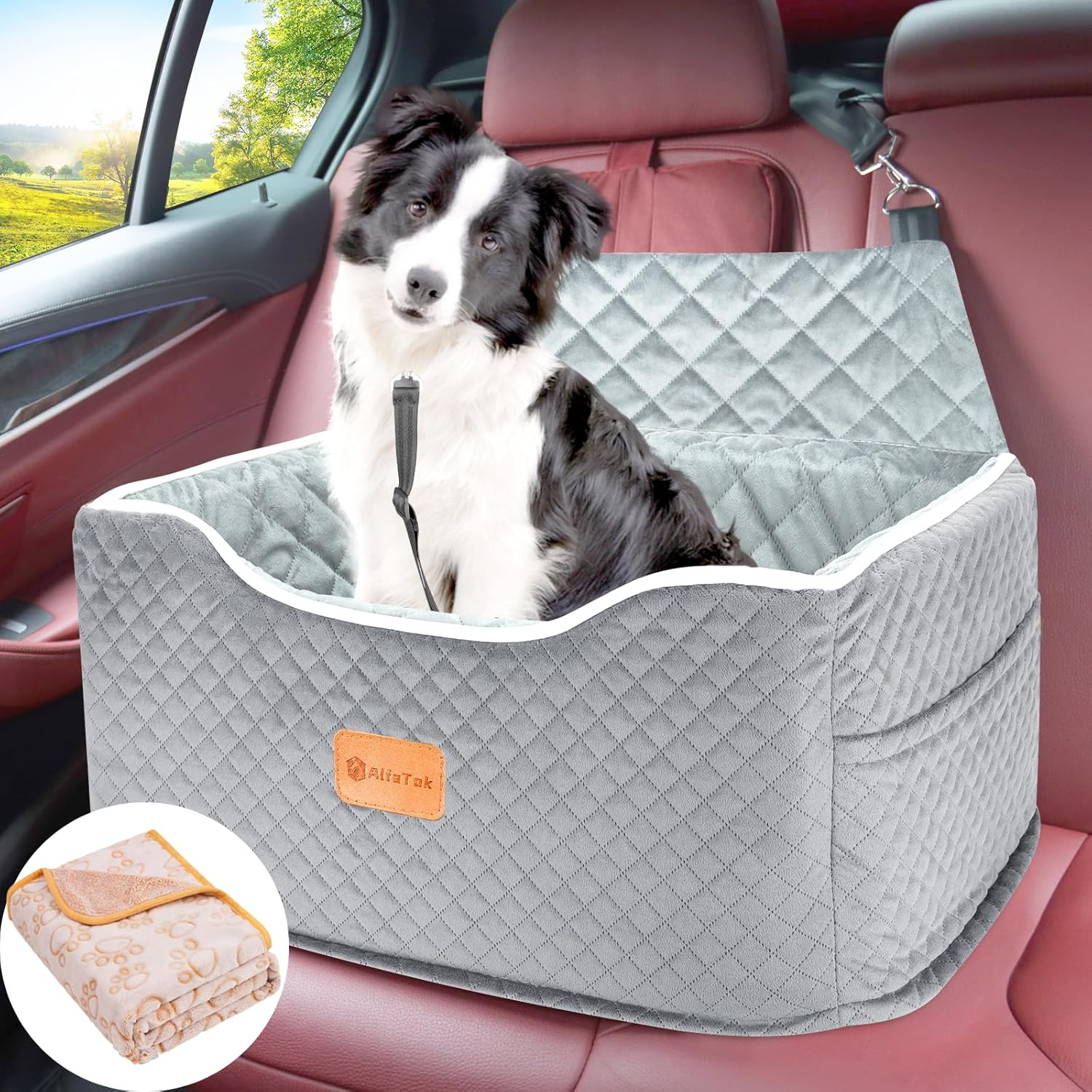 Alfatok Memory Foam Booster Dog Car Seat Medium Dogs, Elevated Pet Car Seat under 45 LBS, Detachable Washable, Anti-Slip Dog Booster Seat for Car Back Seat Only, Travel Dog Car Bed, Dog Seat Belt image number 5