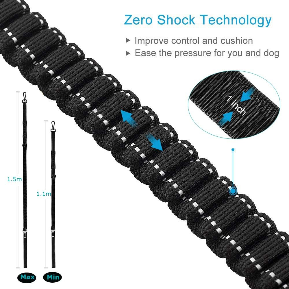 2 in 1 Dog Lead & Car Seat Belt, 150Cm Reflective Anti-Shock Bungee Dog Leash with 2 Handles for Medium/Large Dogs - Pet Car Safety Harness (Black) - Black image number 2
