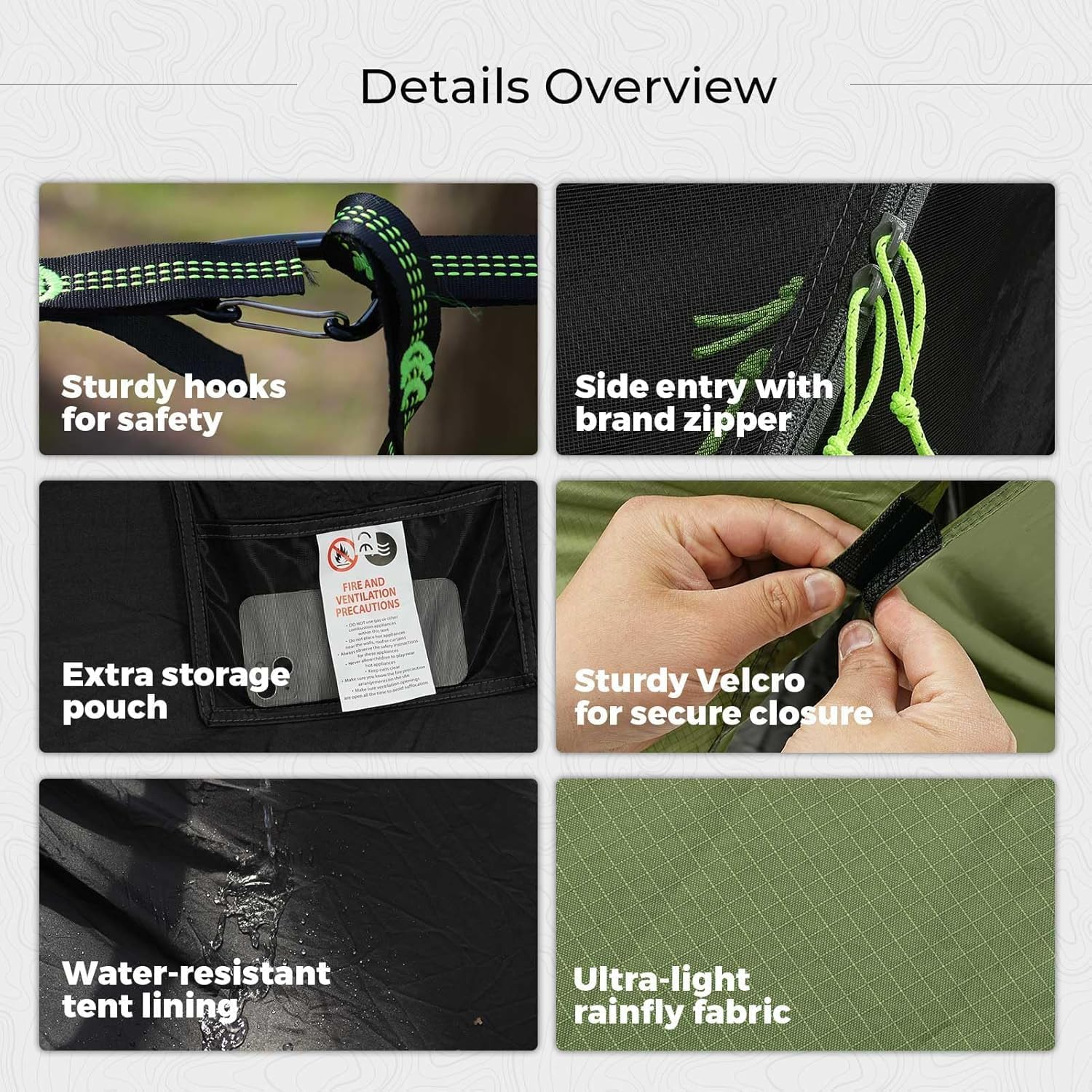 APEXORIGIN Camping Hammock, Portable Single & Double Hammock Tent with Mosquito Net & Rainfly,3 in 1 Waterproof Lightweight Portable Sleeping Hammock Bug,Suitable for Outdoor Courtyards(Army Green) image number 6